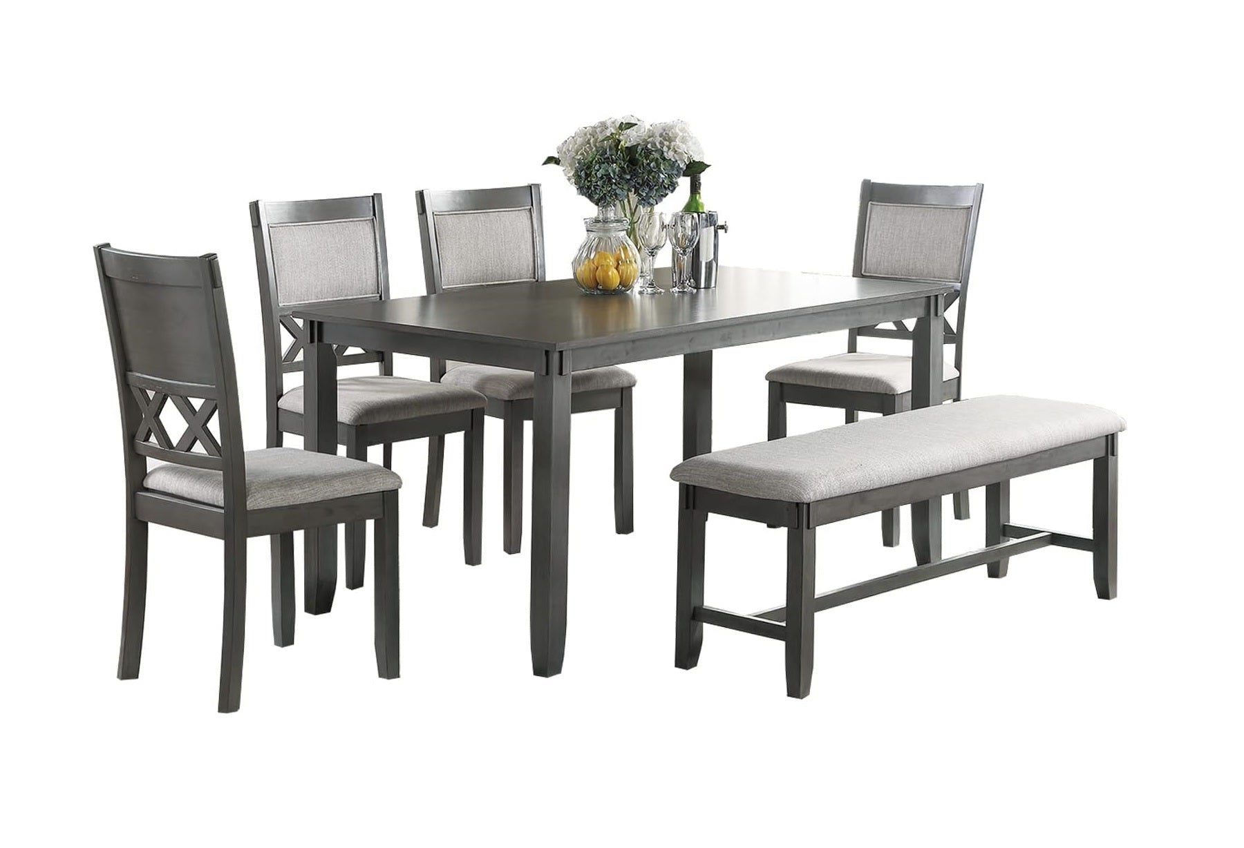 Gray Color Dining Room Furniture Unique Modern 6Pc Set Dining Table 4X Side Chairs And A Bench Solid Wood Rubberwood And Veneers Gray Wood Dining Room Bench Seating Rubberwood Rectangular Dining Table With Chair And Bench Wood Wood Grey Seats 6 60 Inches