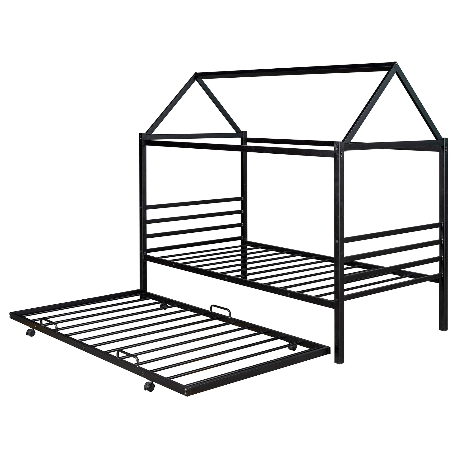 Twin Size Metal House Shape Platform Bed With Trundle,Black Box Spring Not Required Twin Black Metal Bedroom Bed Frame Metal