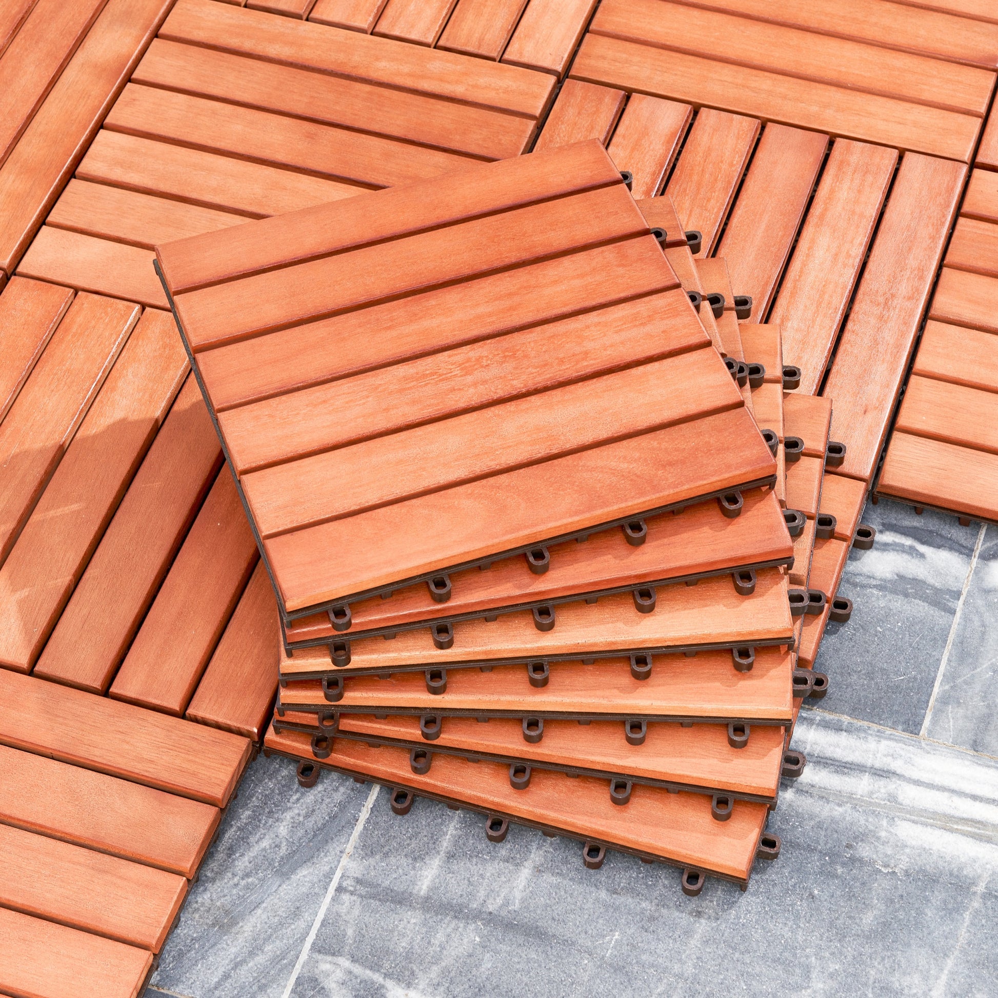 Kaia 6 Slat Reddish Brown Wood Interlocking Deck Tile Set Of 10 Tiles Natural Wood Wood Eucalyptus