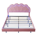Queen Upholstered Smart Led Bed Frame With Elegant Flowers Headboard,Floating Velvet Platform Led Bed With Wooden Slats Support,Pink Pink Velvet