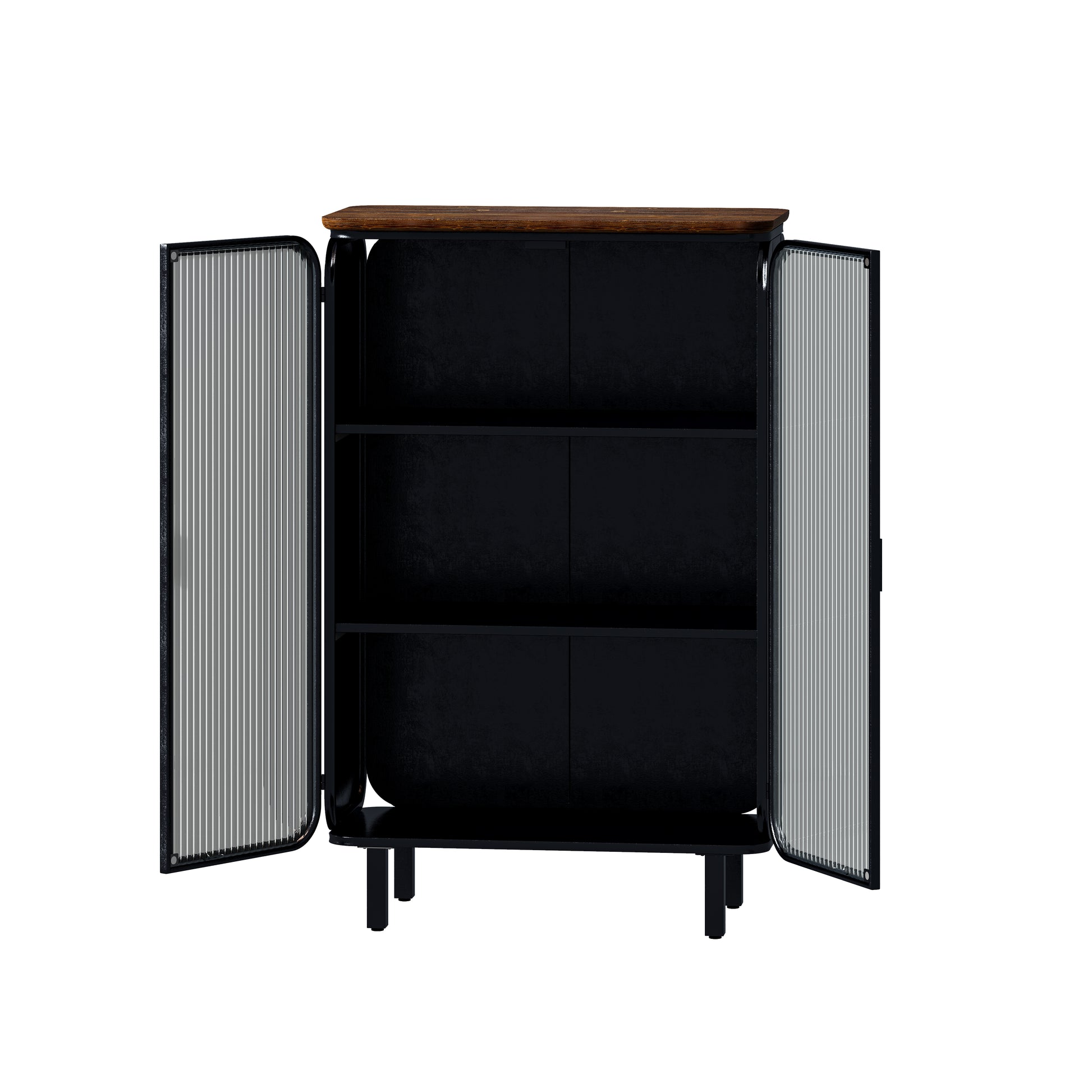 28.35"Glass Doors Modern Two Door Cabinet With Featuring Three Tier Storage,Unique Fir Cabinet Top,For Entryway,Living Room,Home Office,Dining Room Black Brown Metal & Wood