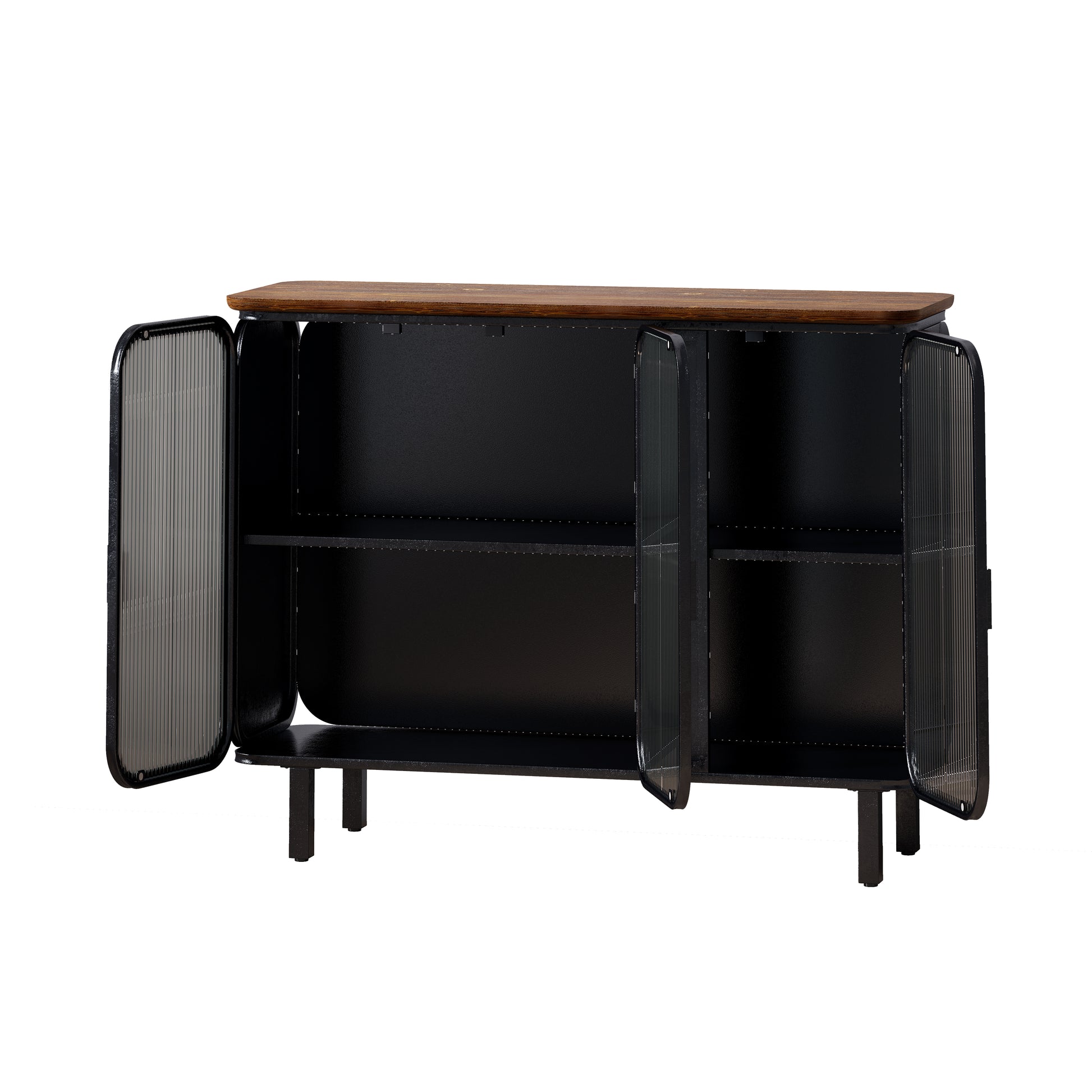 40.94"Glass Doors Modern Three Door Cabinet With Featuring Two Tier Storage,Unique Fir Cabinet Top,For Entryway,Living Room,Home Office,Dining Room Black Brown Metal & Wood