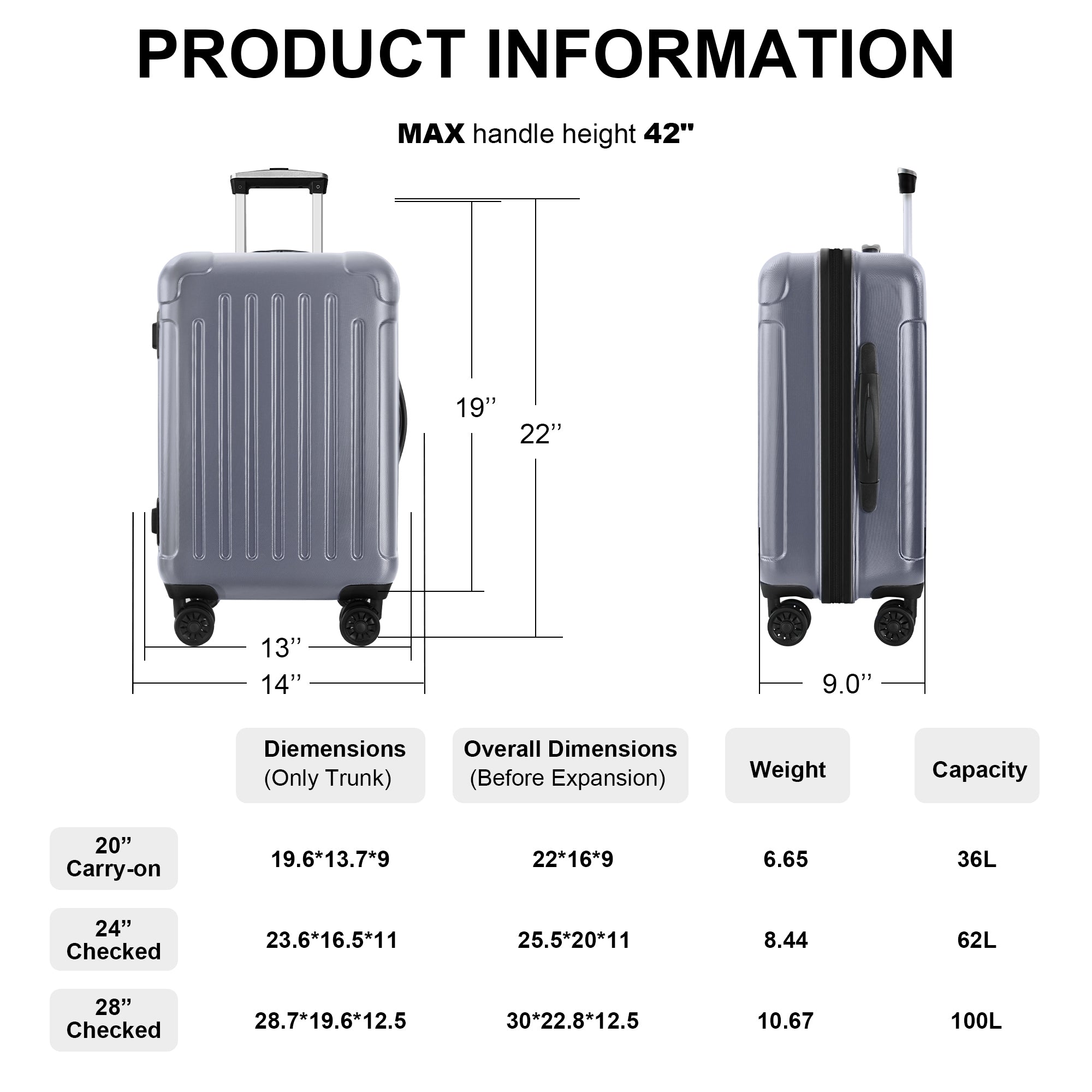 Luggage 3 Piece Sets with Spinner Wheels ABS PC grey-abs+pc