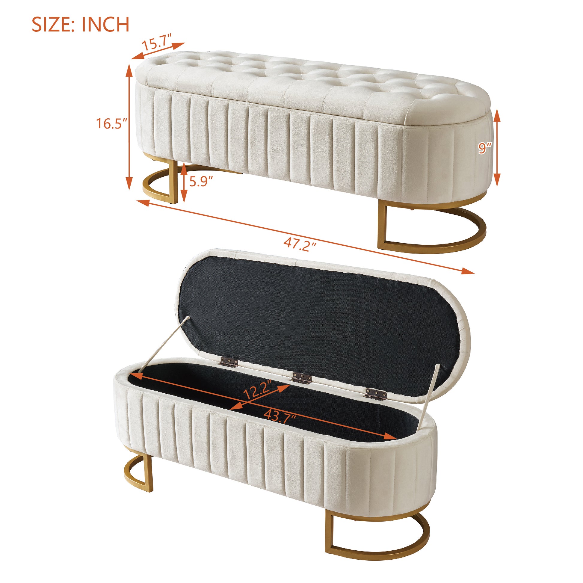 Elegant Upholstered Velvet Storage Ottoman With Button Tufted,Storage Bench With Metal Legs For Bedroom,Living Room,Fully Assembled Except Legs,Beige Beige Velvet