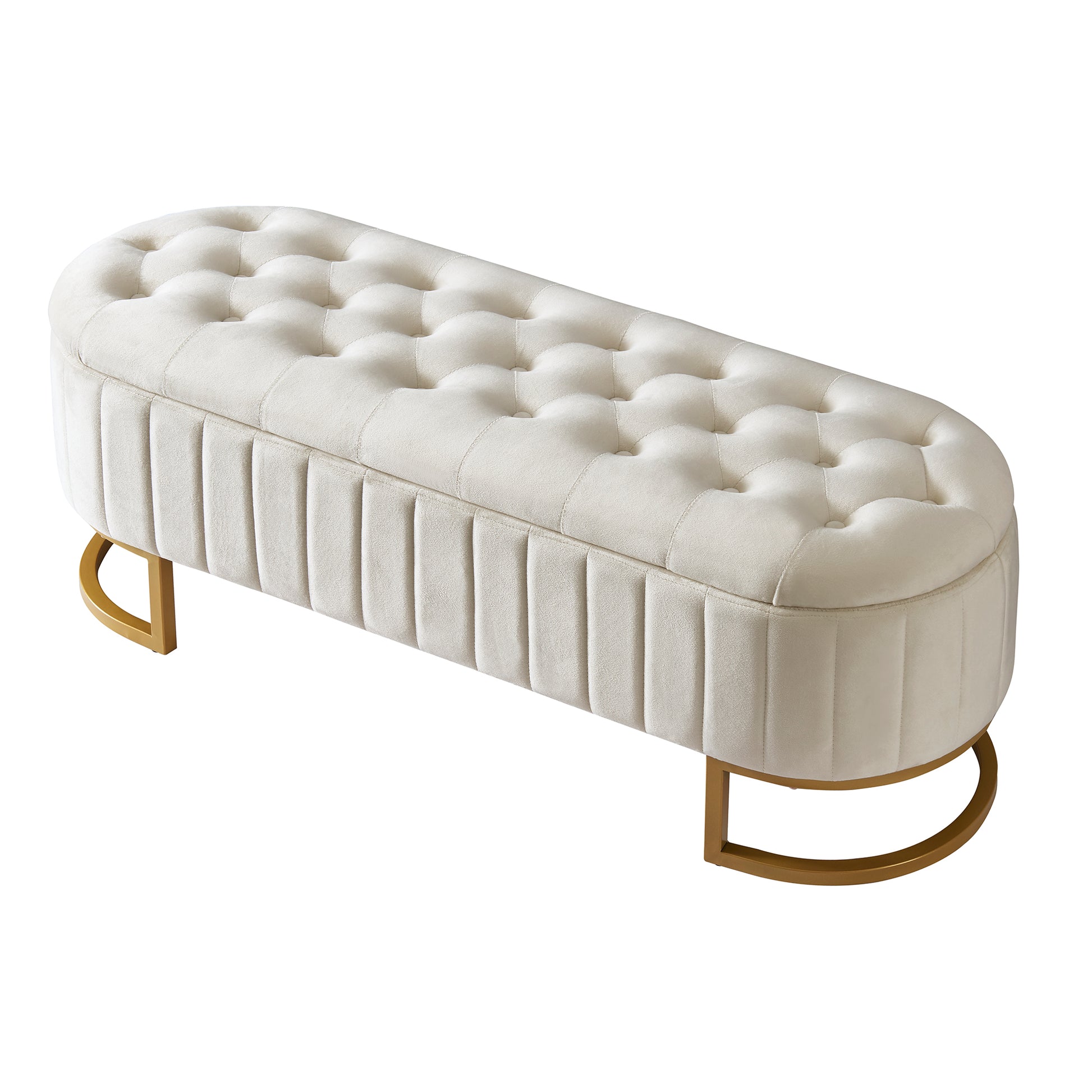 Elegant Upholstered Velvet Storage Ottoman With Button Tufted,Storage Bench With Metal Legs For Bedroom,Living Room,Fully Assembled Except Legs,Beige Beige Velvet