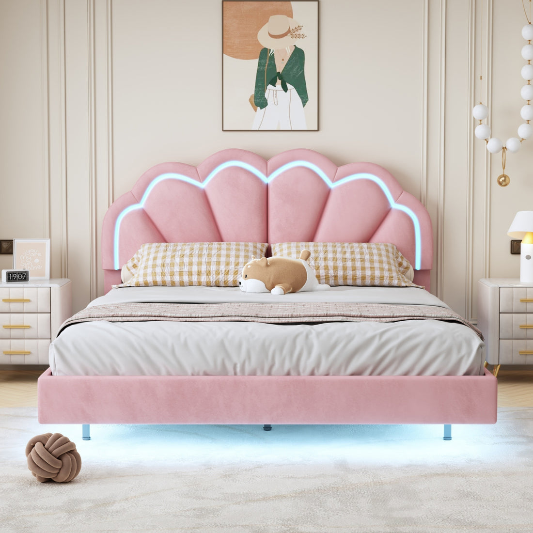 Queen Upholstered Smart Led Bed Frame With Elegant Flowers Headboard,Floating Velvet Platform Led Bed With Wooden Slats Support,Pink Pink Velvet