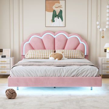Queen Upholstered Smart Led Bed Frame With Elegant Flowers Headboard,Floating Velvet Platform Led Bed With Wooden Slats Support,Pink Pink Velvet