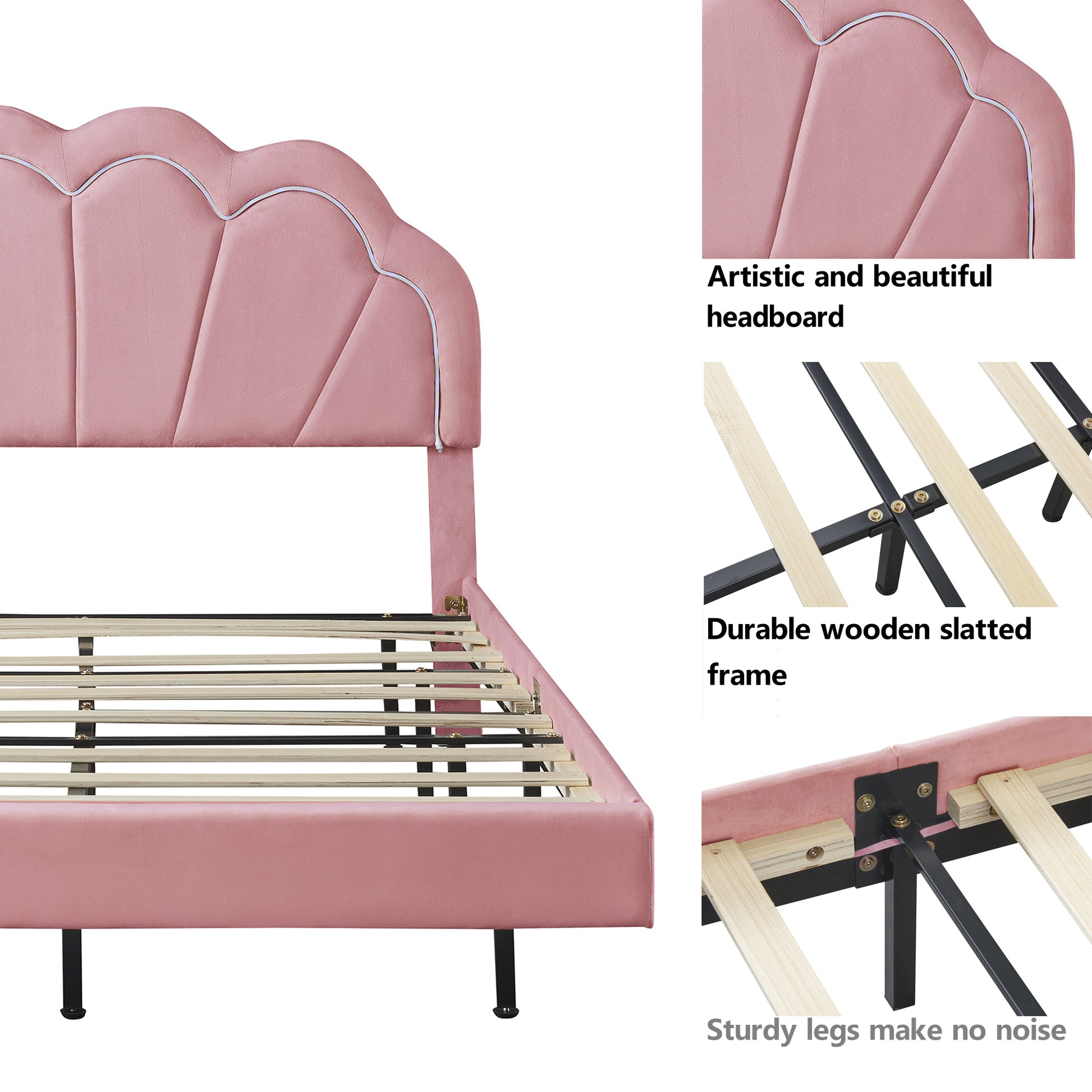 2 Pieces Bedroom Sets,Queen Size Upholstered Led Platform Bed With Storage Ottoman Velvet,Pink Pink Velvet