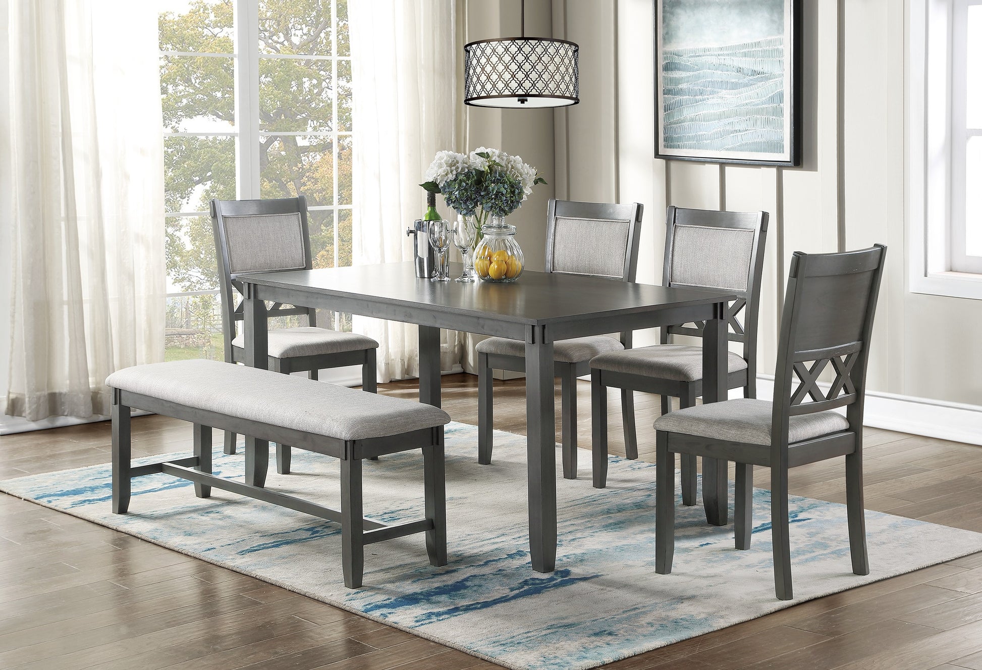 Gray Color Dining Room Furniture Unique Modern 6Pc Set Dining Table 4X Side Chairs And A Bench Solid Wood Rubberwood And Veneers Gray Wood Dining Room Bench Seating Rubberwood Rectangular Dining Table With Chair And Bench Wood Wood Grey Seats 6 60 Inches