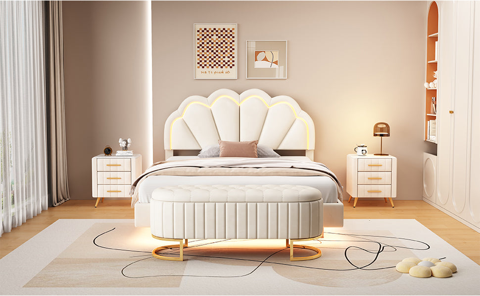 2 Pieces Bedroom Sets Full Size Upholstered Led Platform Bed With Storage Ottoman Velvet,Beige Beige Velvet