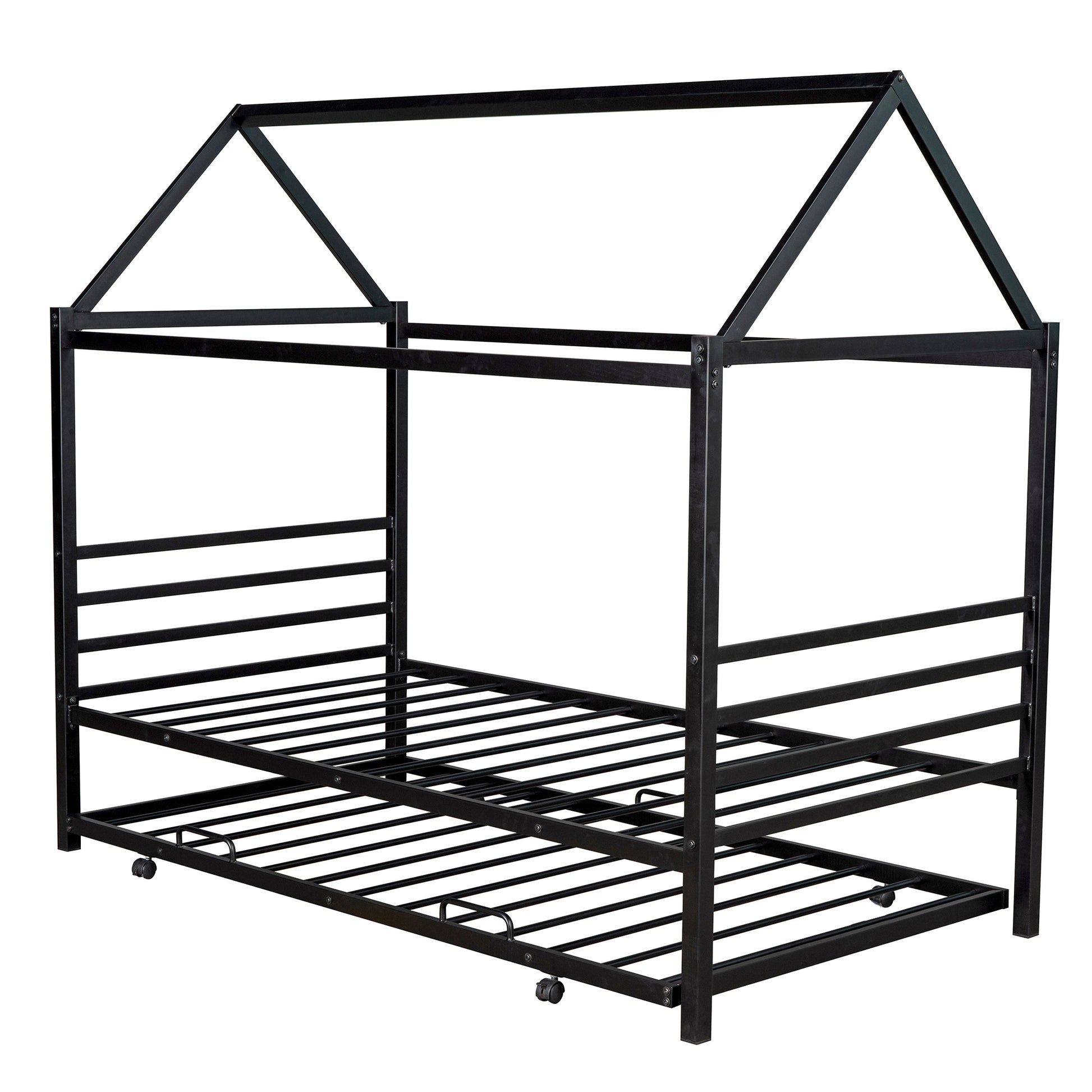 Twin Size Metal House Shape Platform Bed With Trundle,Black Box Spring Not Required Twin Black Metal Bedroom Bed Frame Metal