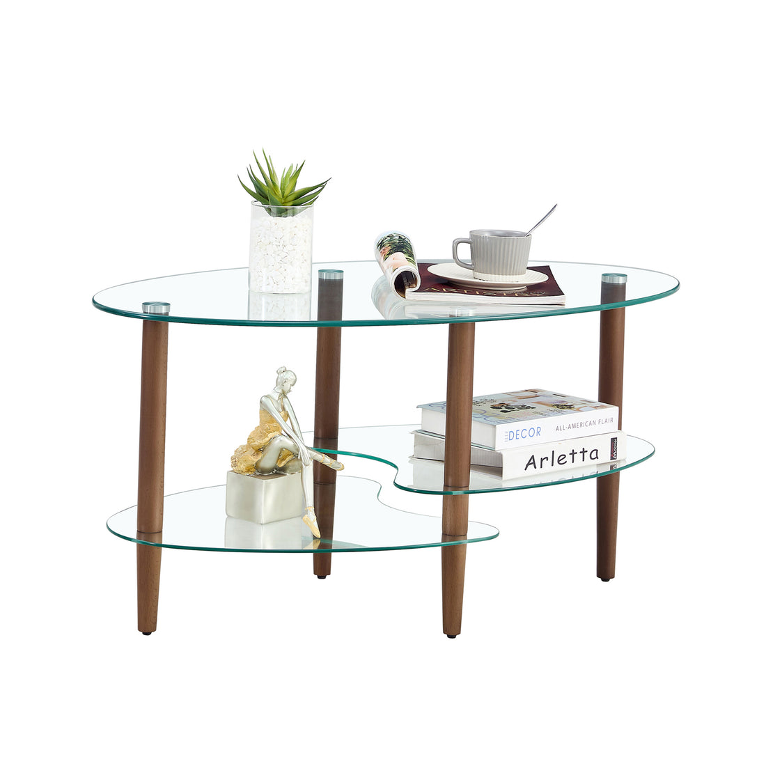 Transparent Oval Glass Coffee Table, Modern Table In Living Room Oak Wood Leg Tea Table 3 Layer Glass Table Brown Glass