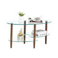 Transparent Oval Glass Coffee Table, Modern Table In Living Room Oak Wood Leg Tea Table 3 Layer Glass Table Brown Glass