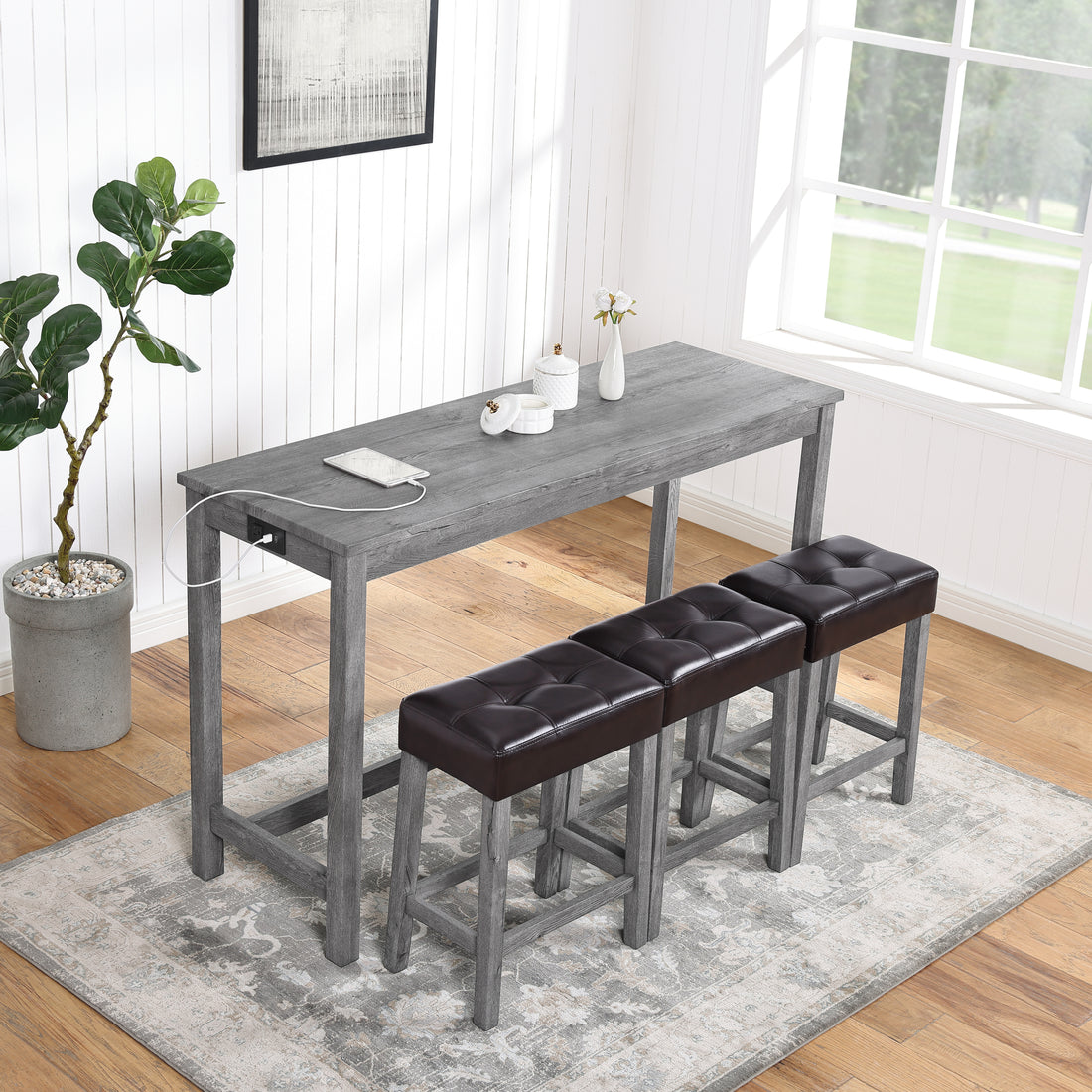 Bar Table Set With Power Outlet, Bar Table And Chairs Set, 4 Piece Dining Table Set, Industrial Breakfast Table Set, For Living Room, Dining Room, Game Room,Sku W1781140372 Brown Light Gray Solid Wood Mdf