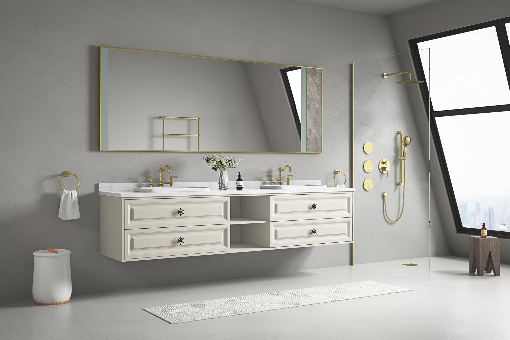 96*23*21in Wall Hung Doulble Sink Bath Vanity Cabinet khaki-abs+steel(q235)+wood+pvc