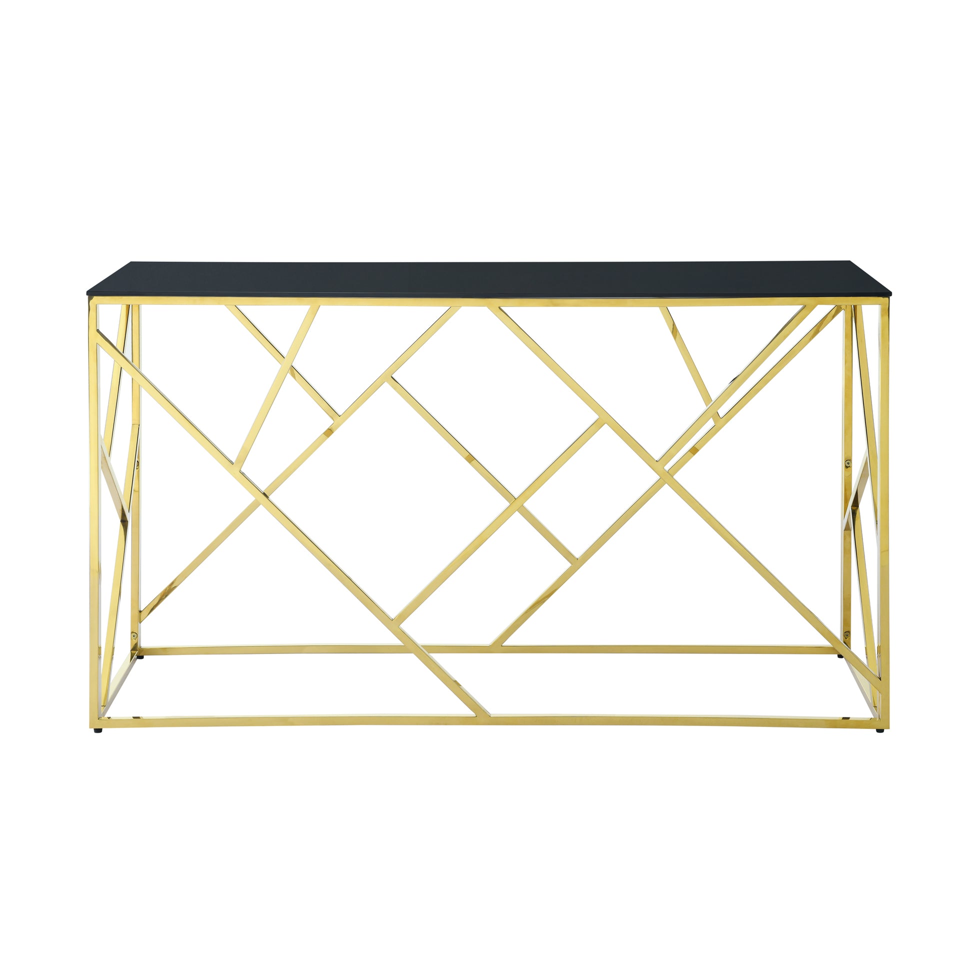 Modern Glass Console Table, 55" Gold Sofa Table With Sturdy Metal Frame And Black Tempered Glass Top, For Living Room Entryway Bedroom, Gold Finish Polished Golden Stainless Steel