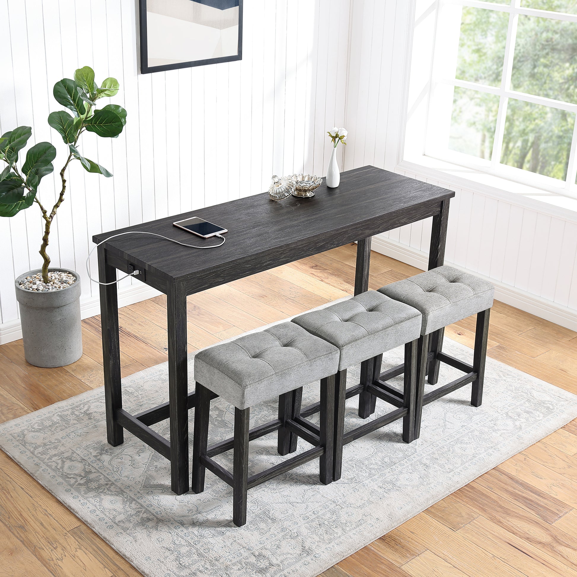 Bar Table Set With Power Outlet, Bar Table And Chairs Set, 4 Piece Dining Table Set, Industrial Breakfast Table Set, For Living Room, Dining Room, Game Room, Old Sku W1781110564 Black Gray Solid Wood Mdf