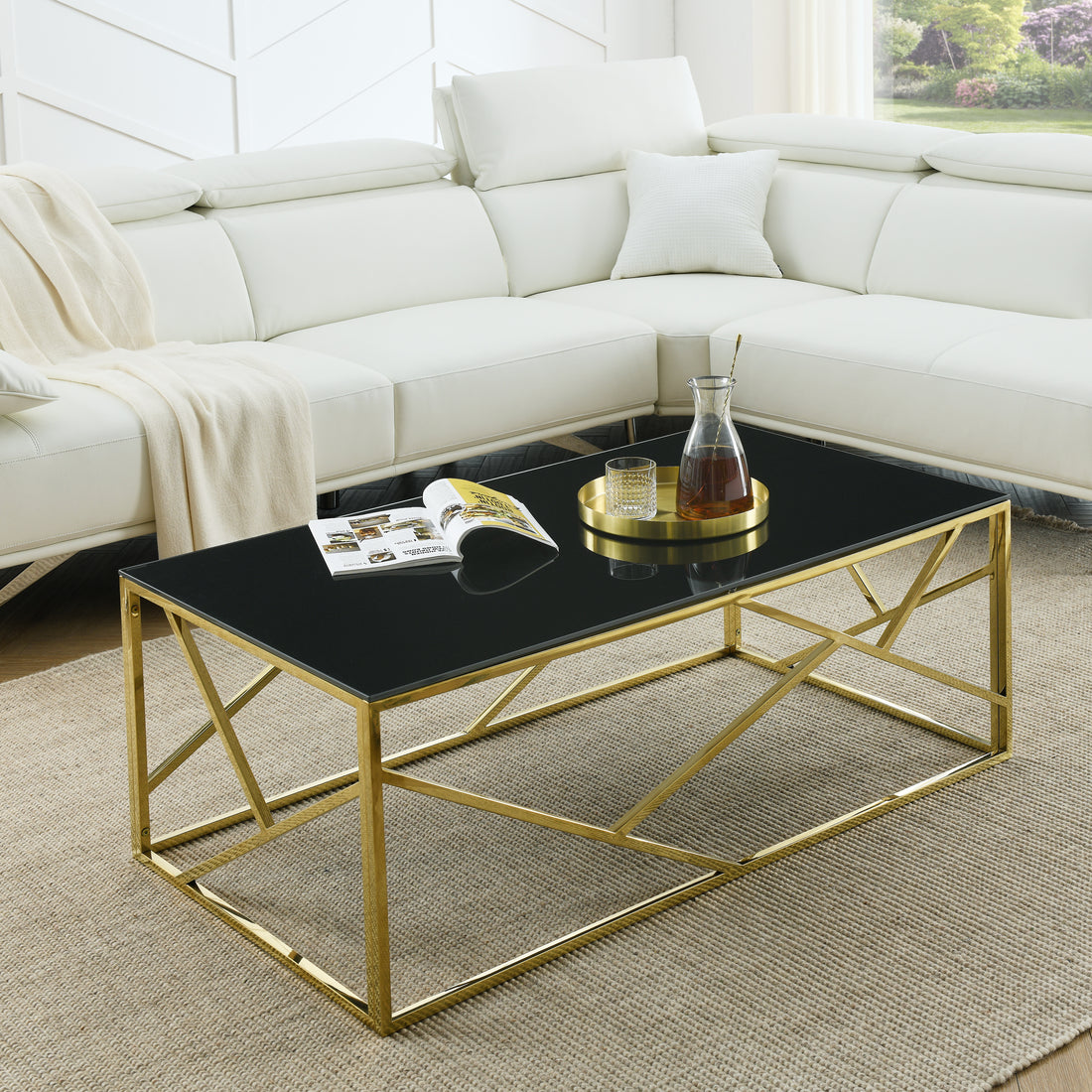 Modern Rectangular Coffee Accent Table With Black Tempered Glass Top And Stainless Steel Frame For Living Room Bedroom Gold Polished Golden Stainless Steel