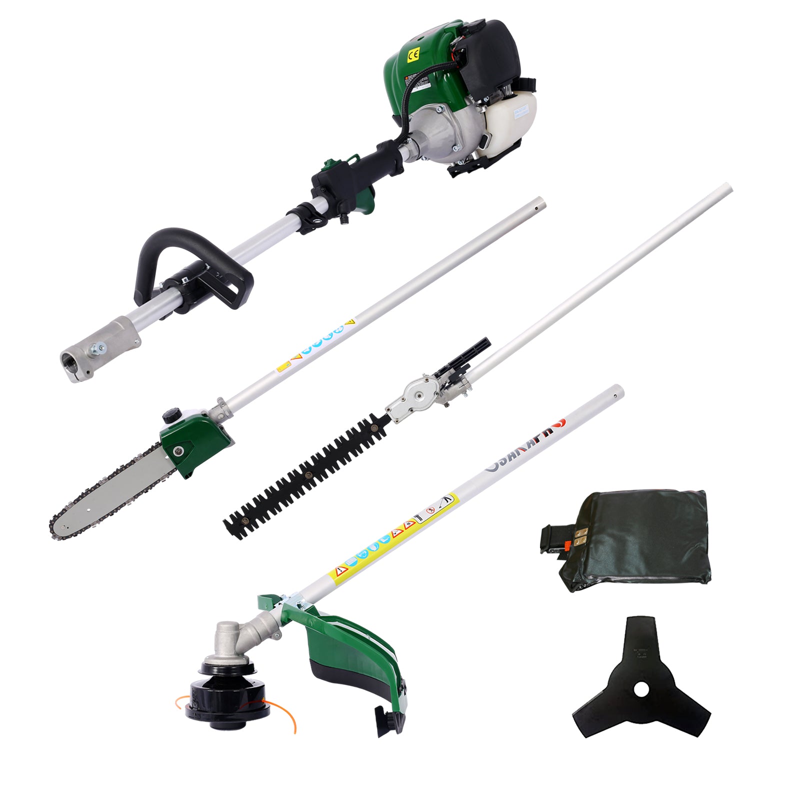4 In 1 Multi Functional Trimming Tool, 38Cc 4 Stroke Garden Tool System With Gas Pole Saw, Hedge Trimmer, Grass Trimmer, And Brush Cutter Epa Compliant Dark Green Plastic