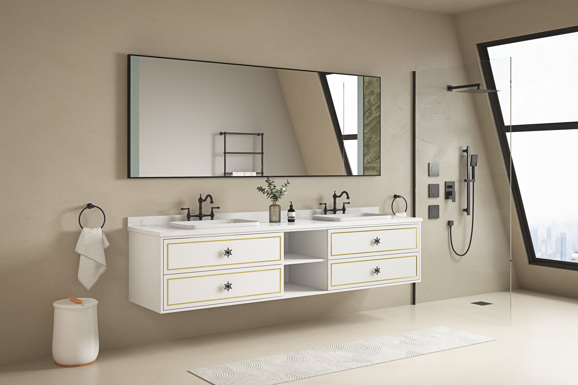 96 In. W X 23 In. D X21 In. H Double Bath Vanity In With White Carrara Top With White Sink White Abs Steel Q235 Wood Pvc