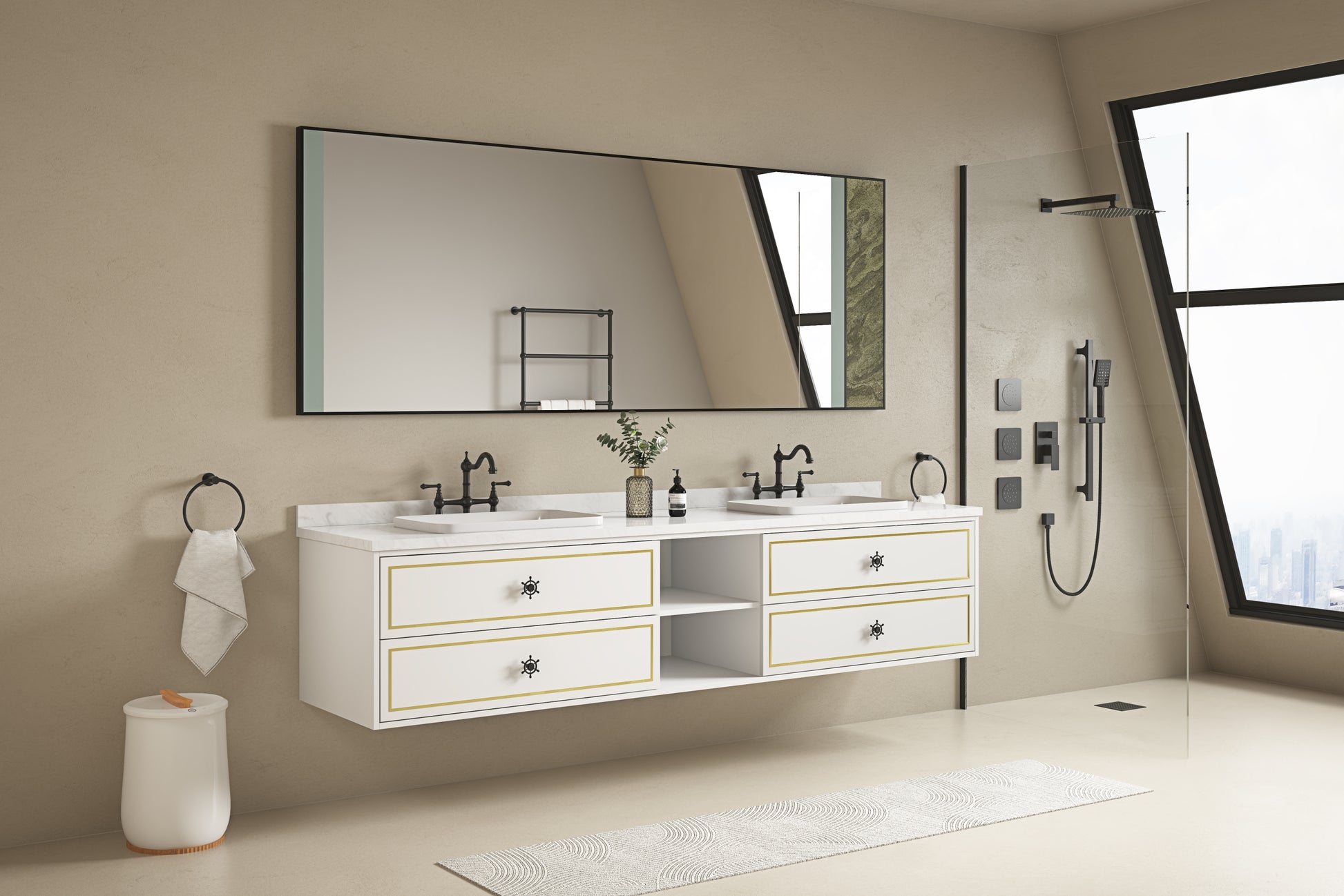 96*23*21inWall Hung Doulble Sink Bath Vanity Cabinet white-abs+steel(q235)+wood+pvc