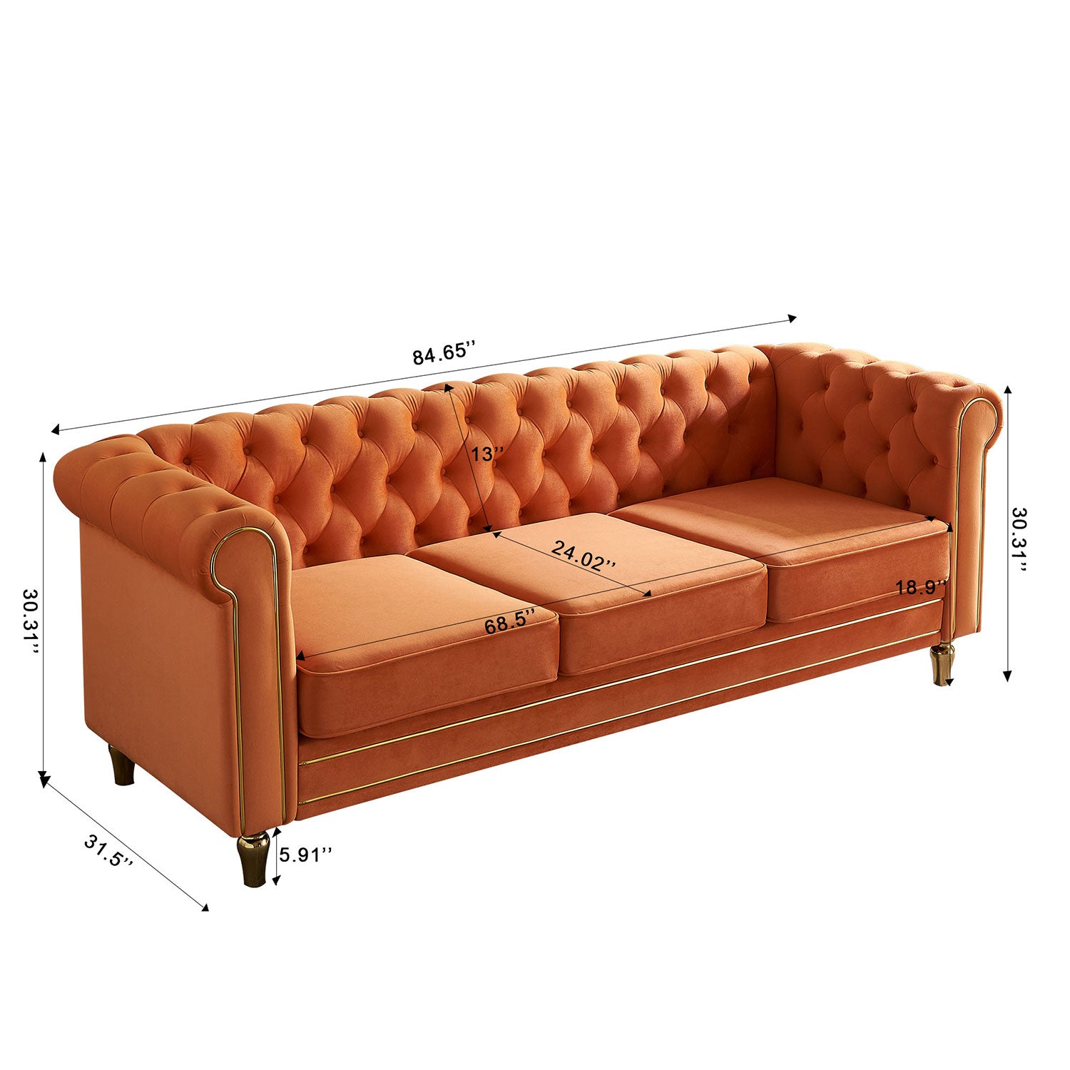 Chesterfield Velvet Sofa 84.65 Inch For Living Room Orange Color Orange Velvet Wood Primary Living Space Tufted Back Modern Rolled Arms Foam Velvet 3 Seat