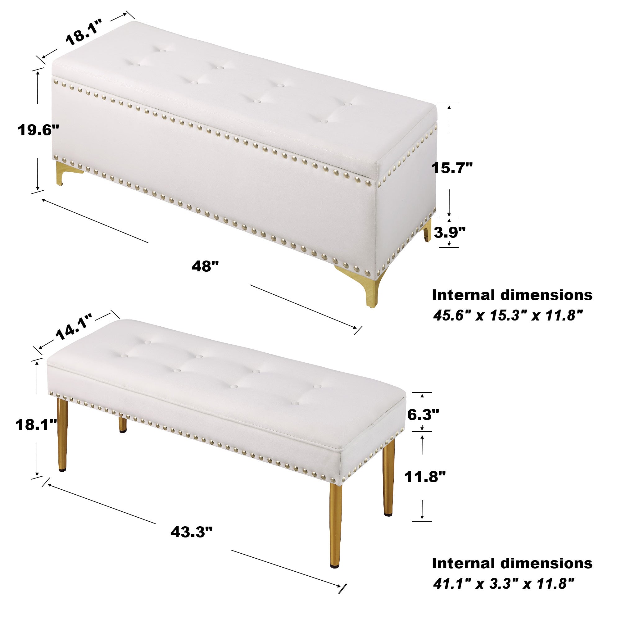 Large Storage Benches Set, Nailhead Trim 2 in 1 beige-fabric
