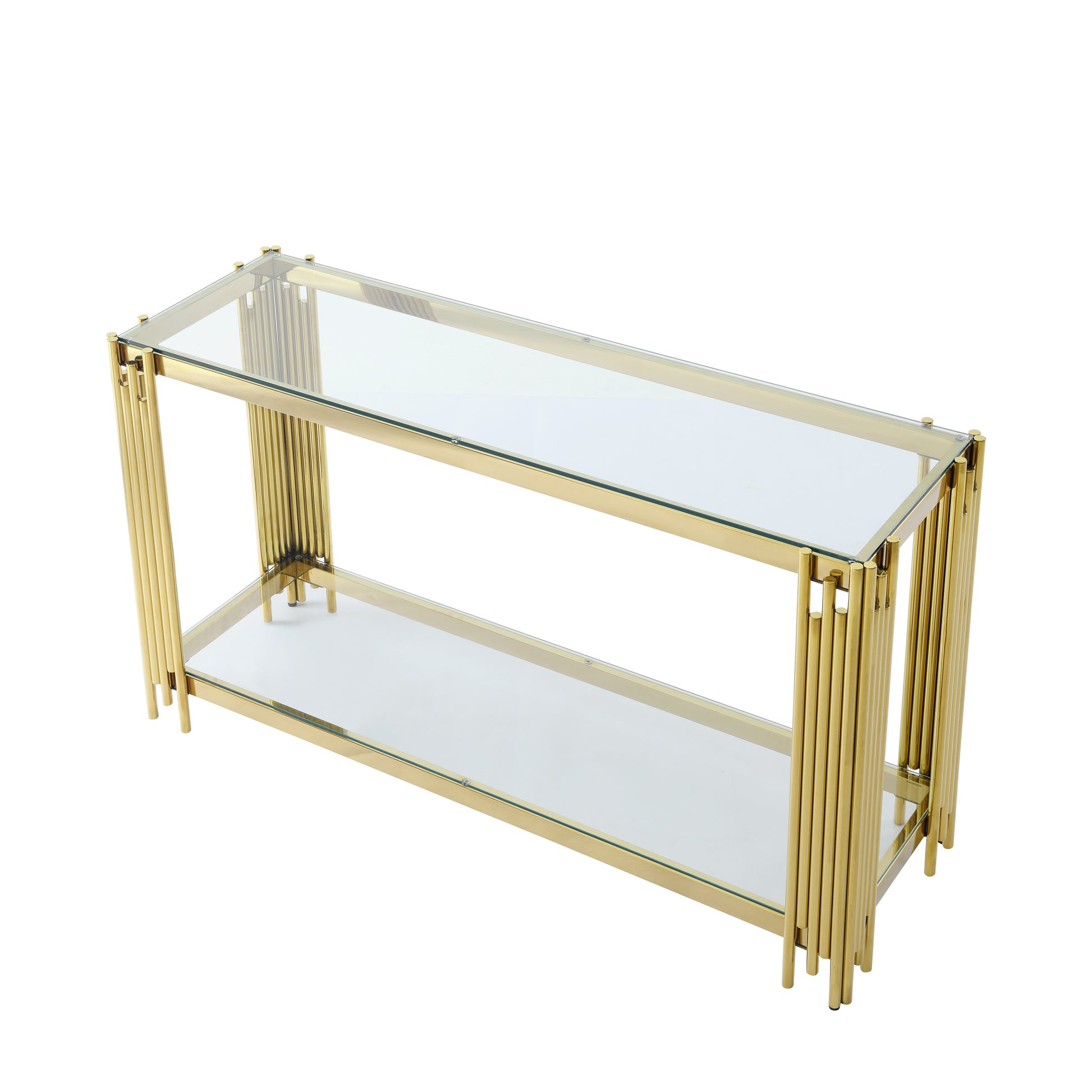 Modern Glass Console Table, 55" Gold Sofa Table With Sturdy Metal Frame And Clear Tempered Glass Top, For Living Room Entryway Bedroom, Gold Finish Polished Golden Stainless Steel