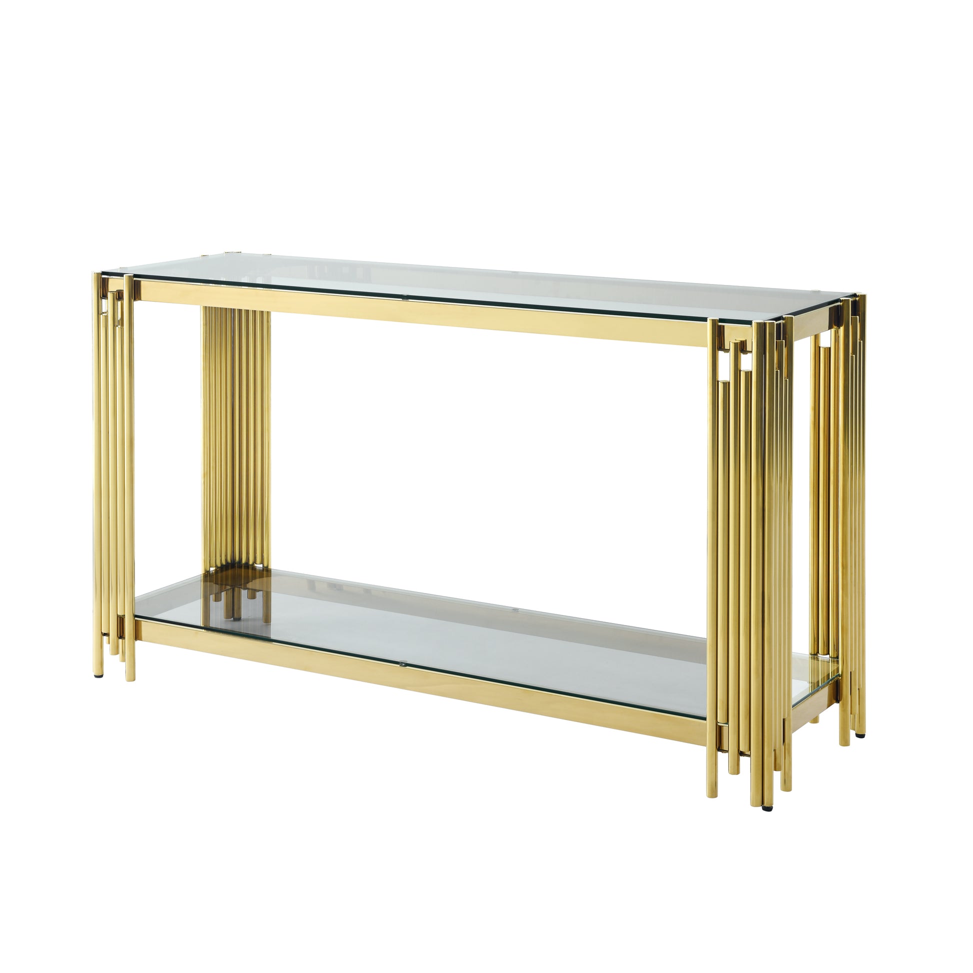 Modern Glass Console Table, 55" Gold Sofa Table With Sturdy Metal Frame And Clear Tempered Glass Top, For Living Room Entryway Bedroom, Gold Finish Polished Golden Stainless Steel