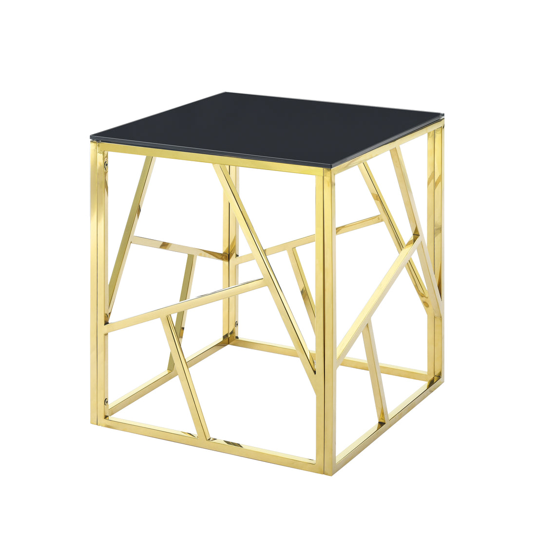 20 Inch Modern Glass End Table With Geometric Metal Frame, Accent Table Nightstand Furniture Corner Table For Living Room,Home Office,Bedroom Gold Polished Golden Stainless Steel