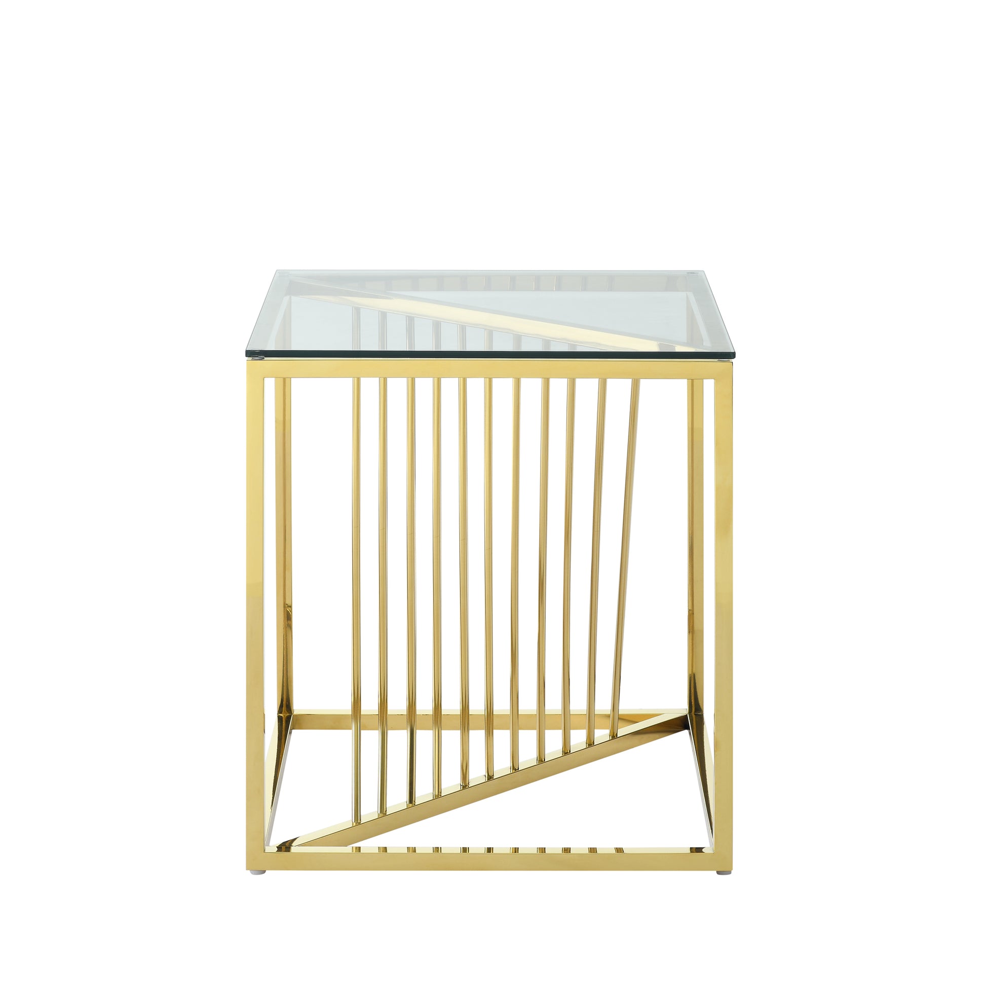 20 Inch Modern Glass End Table With Geometric Metal Frame, Accent Table Nightstand Furniture Corner Table For Living Room,Home Office,Bedroom Gold Polished Golden Stainless Steel