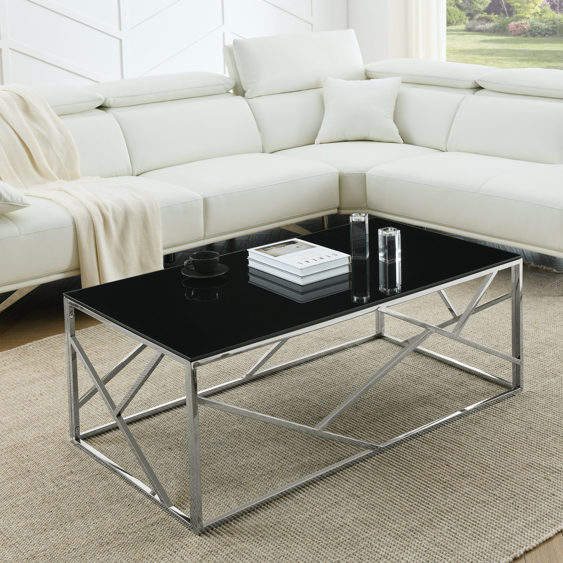 Modern Rectangular Coffee Accent Table With Black Tempered Glass Top And Stainless Steel Frame For Living Room Bedroom Polished Chrome Chrome Stainless Steel