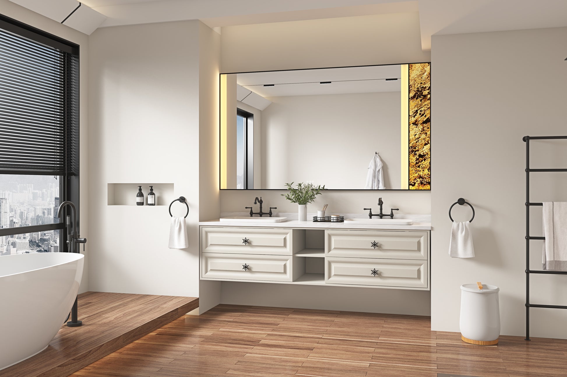 84 In. W X 23 In. D X21 In. H Double Bath Vanity In With White Carrara Top With White Sink Khaki Abs Steel Q235 Wood Pvc