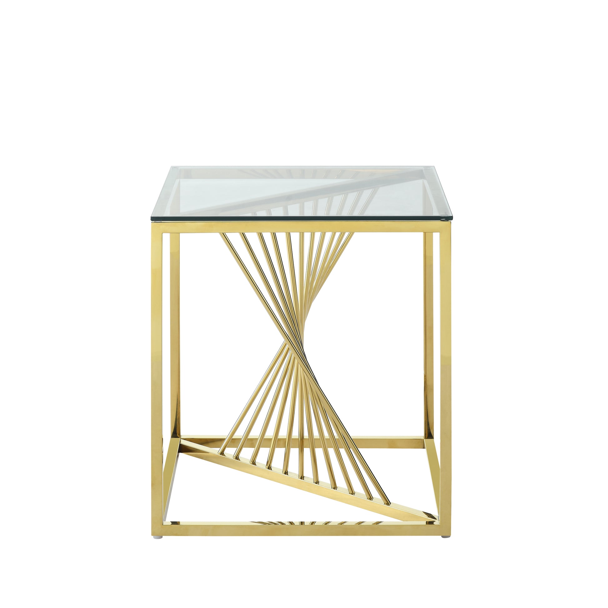 20 Inch Modern Glass End Table With Geometric Metal Frame, Accent Table Nightstand Furniture Corner Table For Living Room,Home Office,Bedroom Gold Polished Golden Stainless Steel