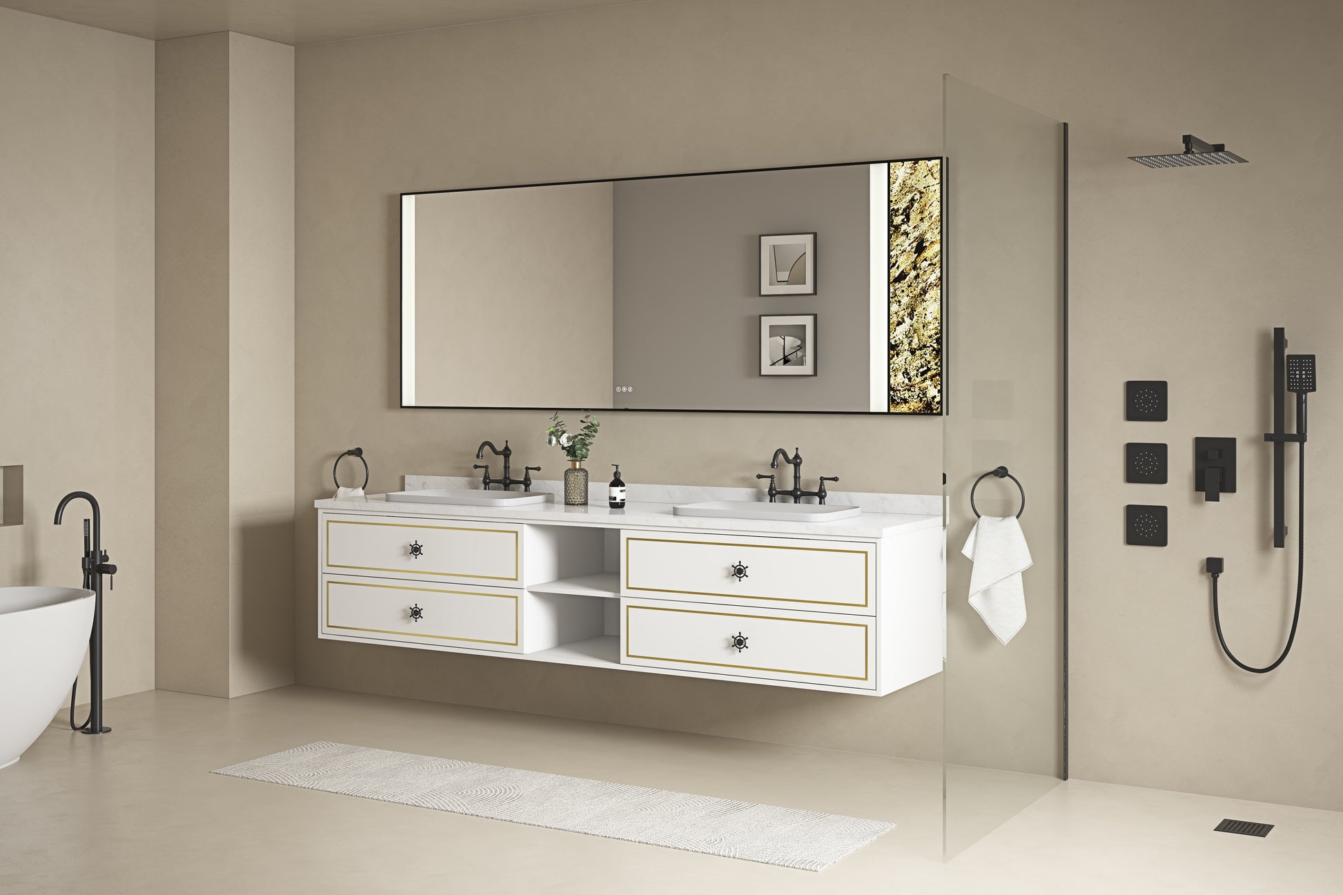 96*23*21Inwall Hung Doulble Sink Bath Vanity Cabinet Only In Bathroom Vanities Without Tops White Abs Steel Q235 Wood Pvc