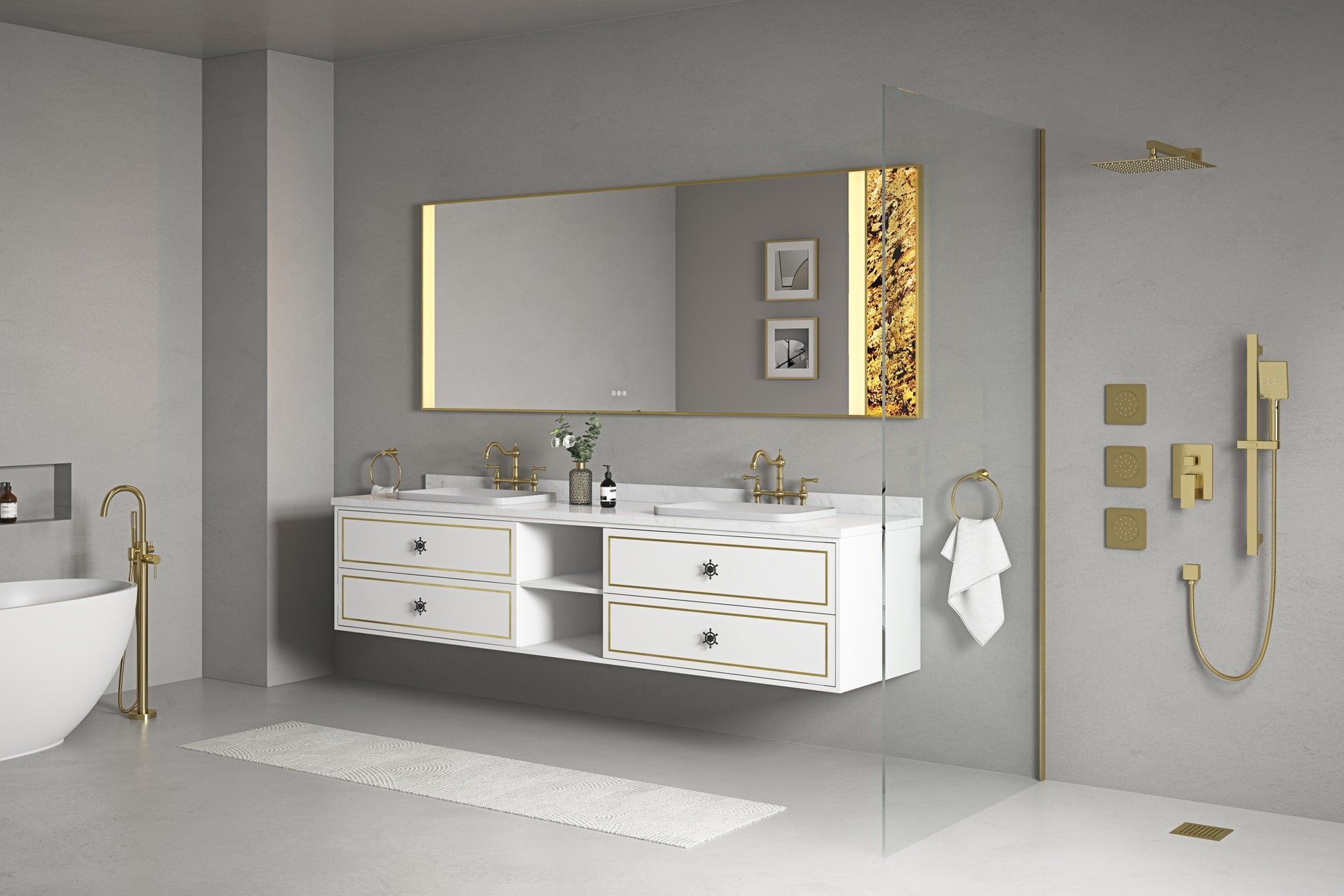 96*23*21inWall Hung Doulble Sink Bath Vanity Cabinet white-abs+steel(q235)+wood+pvc