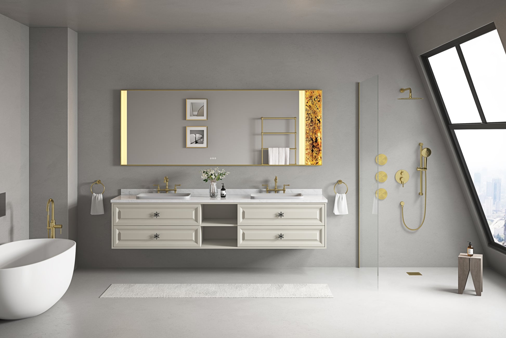 96*23*21in Wall Hung Doulble Sink Bath Vanity Cabinet khaki-abs+steel(q235)+wood+pvc
