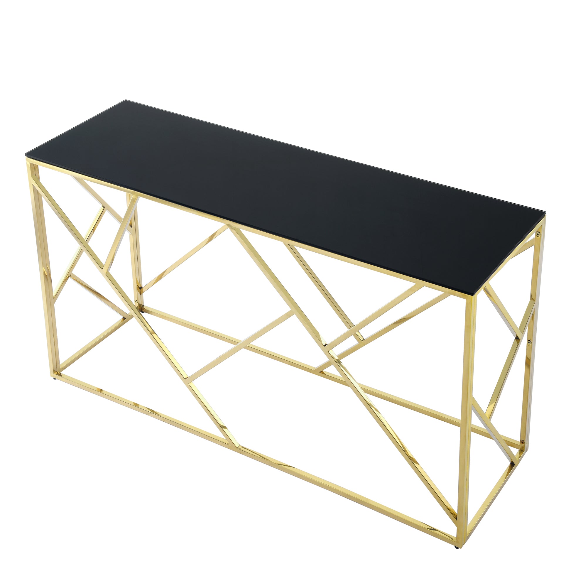 Modern Glass Console Table, 55" Gold Sofa Table With Sturdy Metal Frame And Black Tempered Glass Top, For Living Room Entryway Bedroom, Gold Finish Polished Golden Stainless Steel