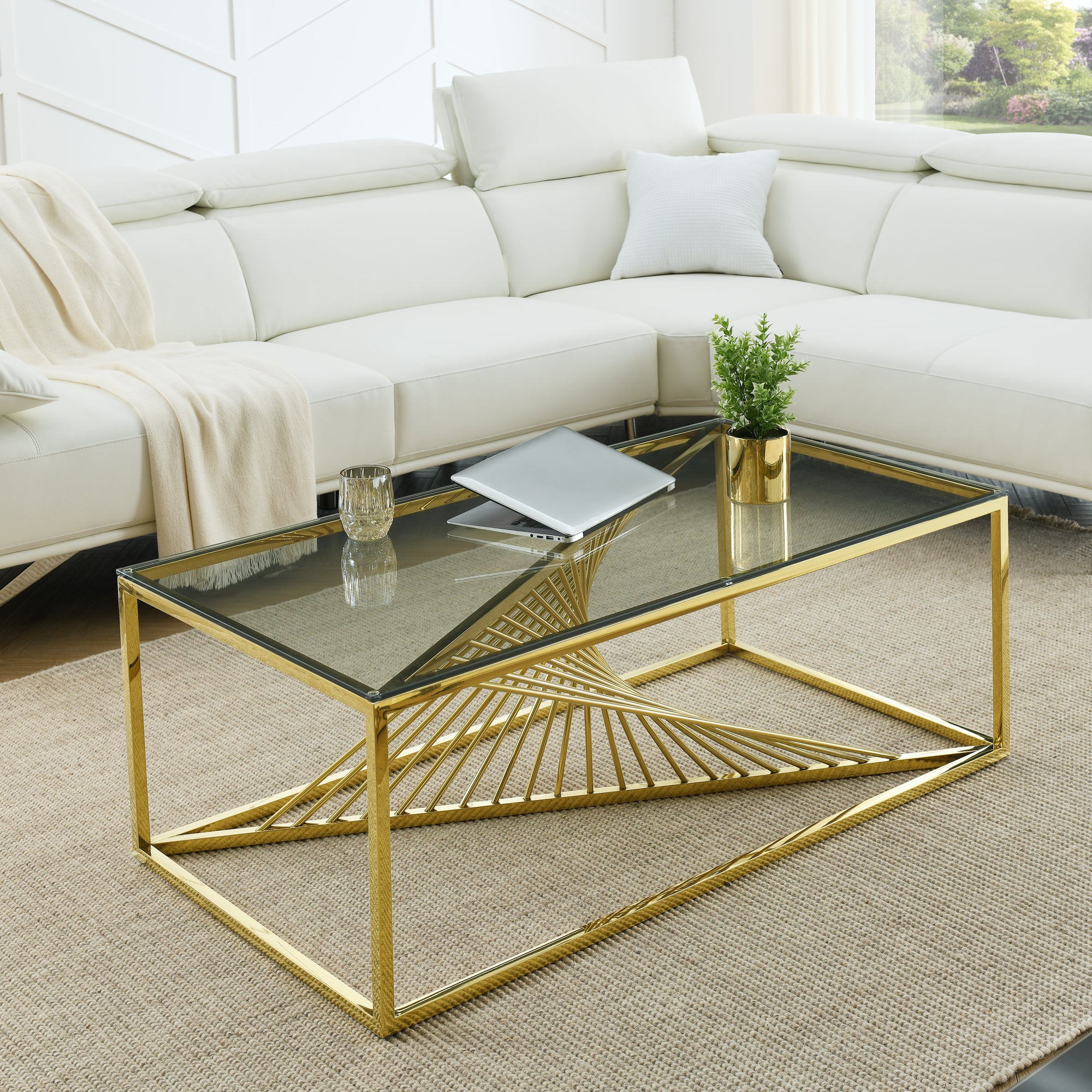 Modern Rectangular Coffee Accent Table With Clear Tempered Glass Top And Stainless Steel Frame For Living Room Bedroom Gold Polished Golden Stainless Steel