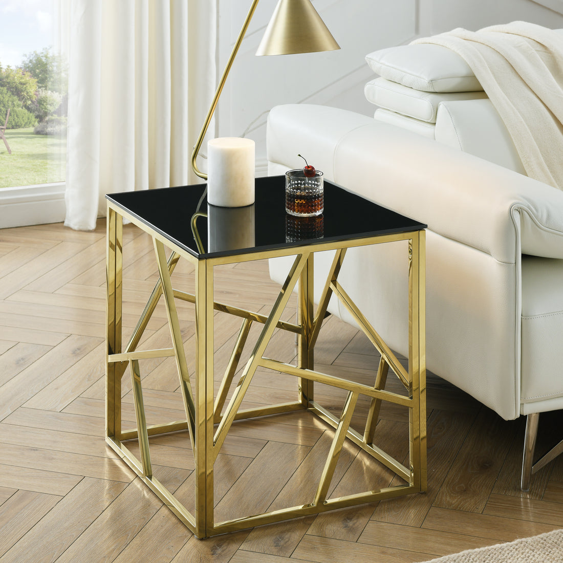 20 Inch Modern Glass End Table With Geometric Metal Frame, Accent Table Nightstand Furniture Corner Table For Living Room,Home Office,Bedroom Gold Polished Golden Stainless Steel