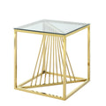 20 Inch Modern Glass End Table With Geometric Metal Frame, Accent Table Nightstand Furniture Corner Table For Living Room,Home Office,Bedroom Gold Polished Golden Stainless Steel