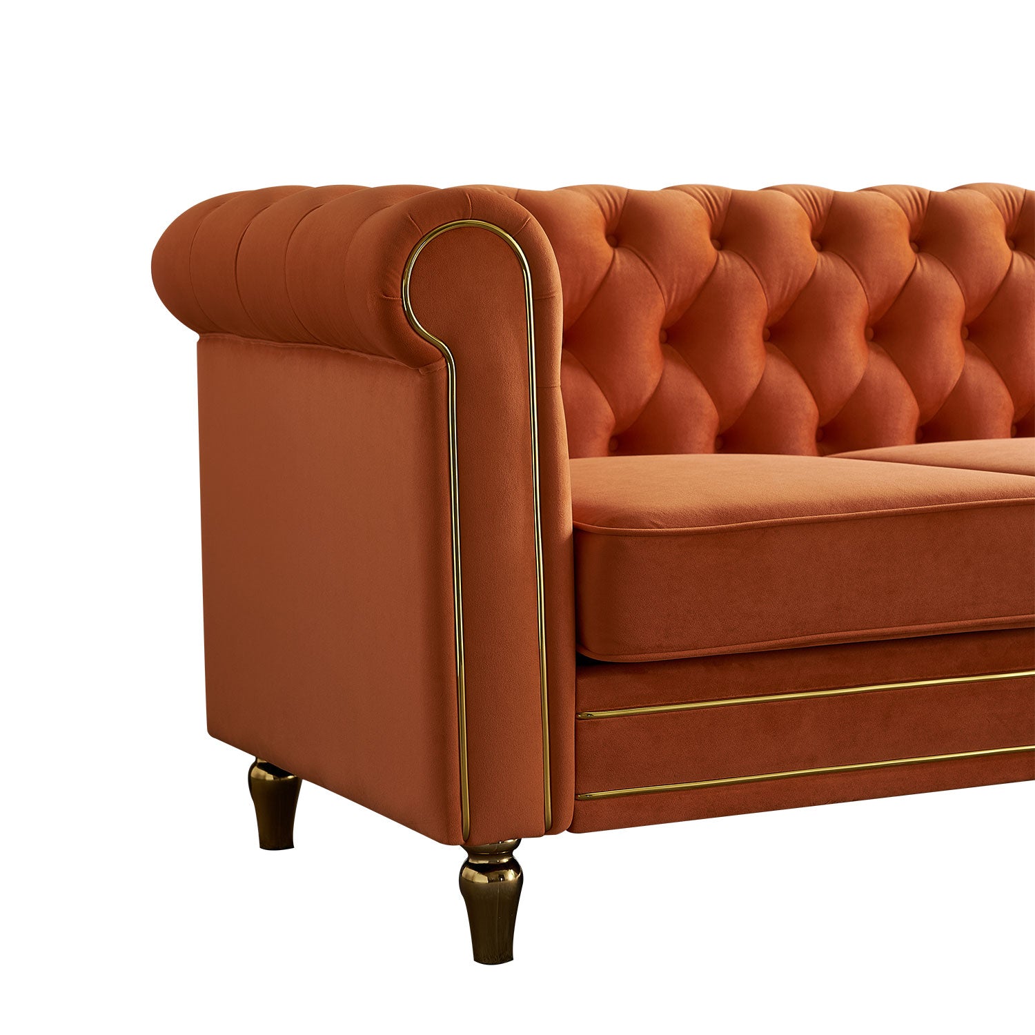 Chesterfield Velvet Sofa 84.65 Inch For Living Room Orange Color Orange Velvet Wood Primary Living Space Tufted Back Modern Rolled Arms Foam Velvet 3 Seat