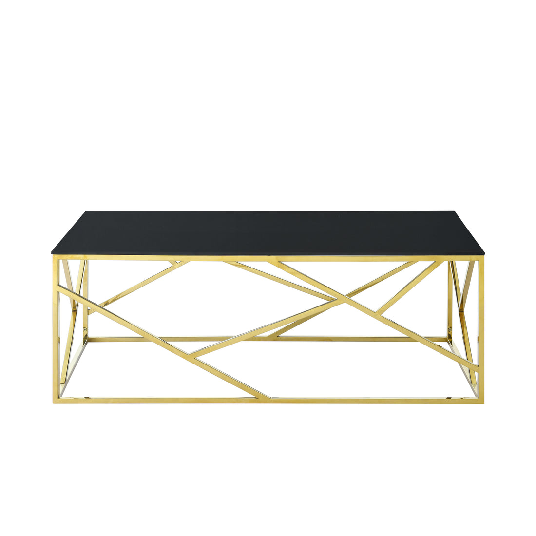 Modern Rectangular Coffee Accent Table With Black Tempered Glass Top And Stainless Steel Frame For Living Room Bedroom Gold Polished Golden Stainless Steel