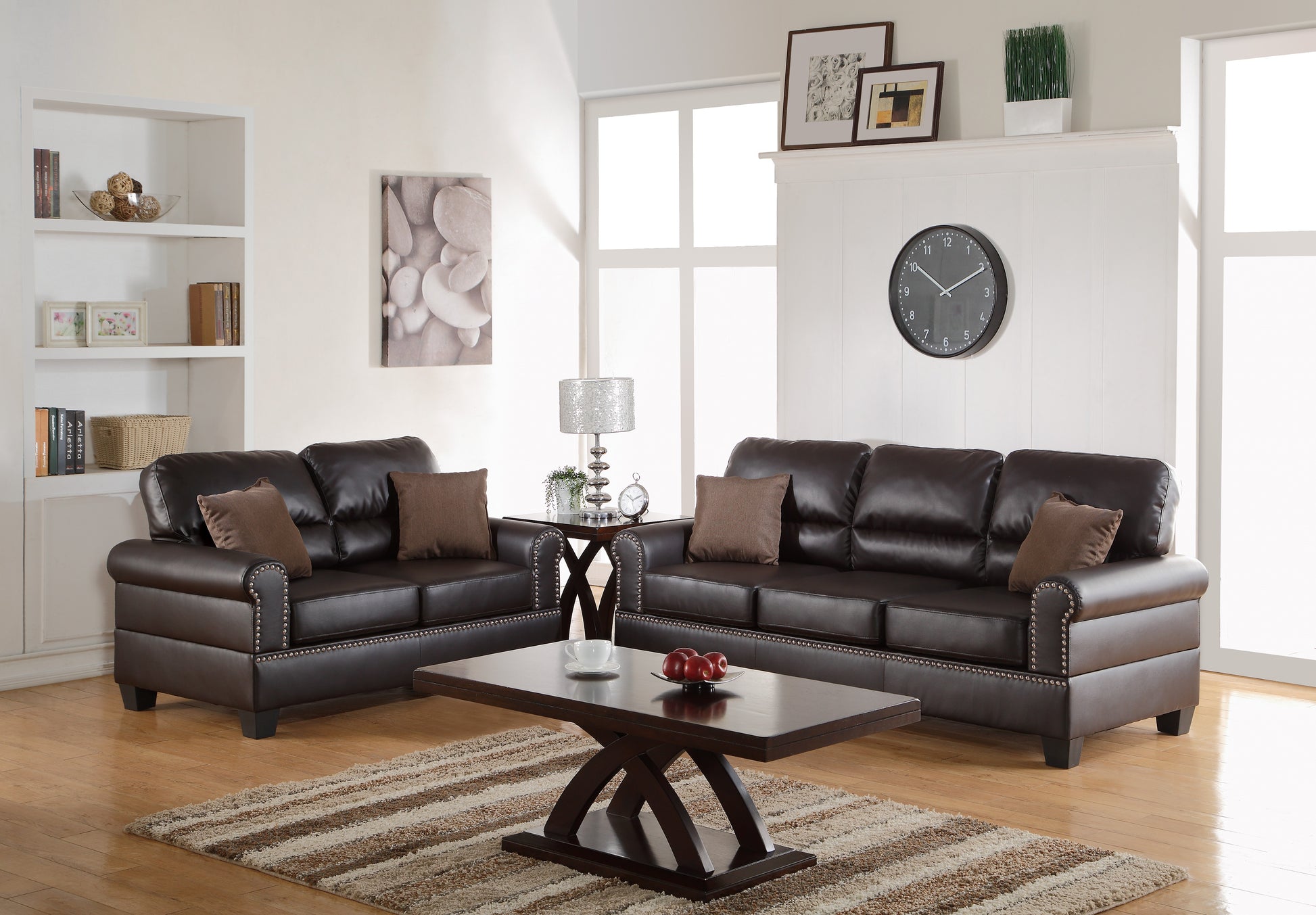 Espresso Faux Leather 2Pc Sofa Set Sofa And Loveseat Elegant Plush Contemporary Couch Living Room Furniture Espresso Espresso Faux Leather Wood Primary Living Space Cushion Back Classic,Contemporary,Modern Rolled Arms Foam Bonded Leather 5 Seat