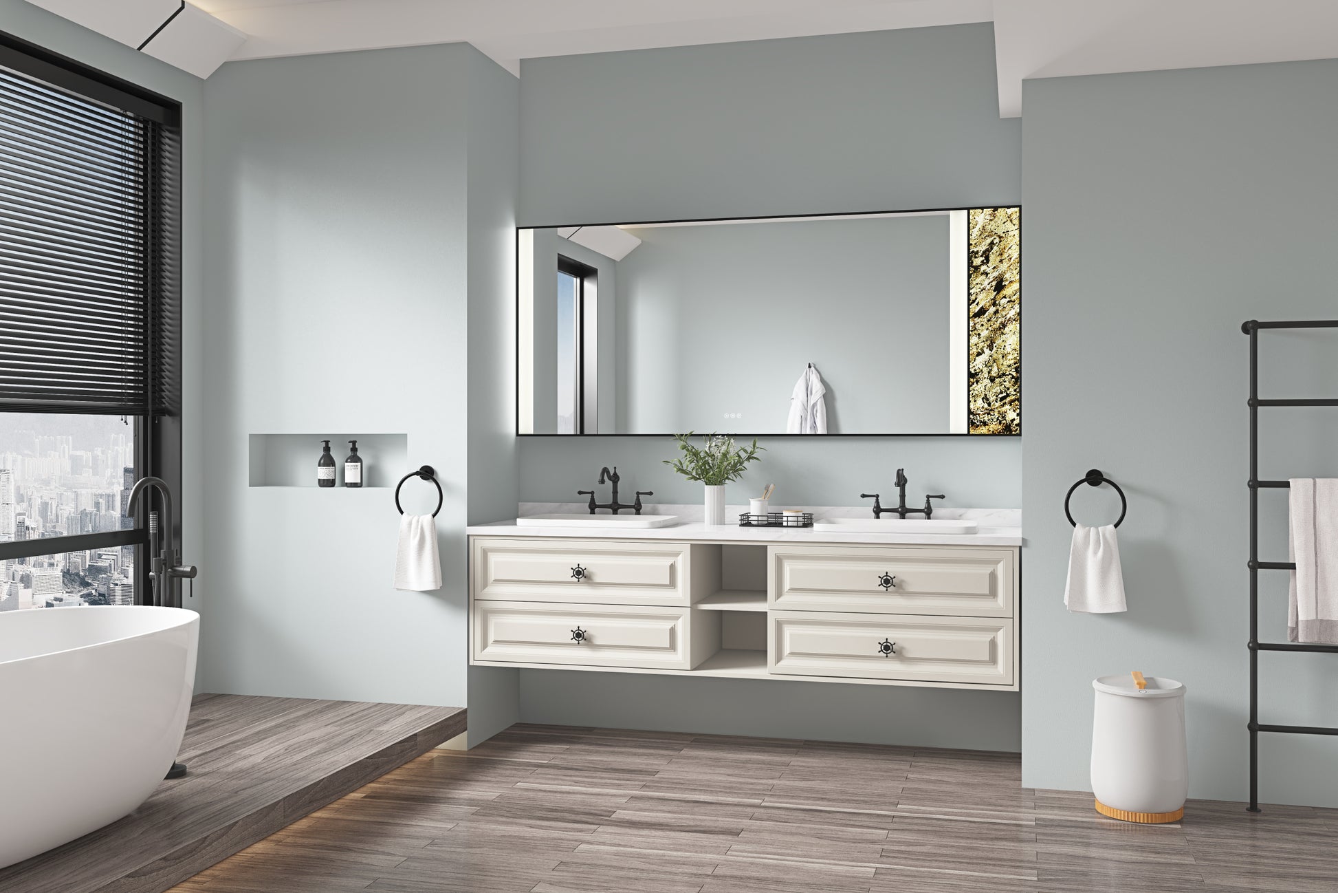 84*23*21In Wall Hung Doulble Sink Bath Vanity Cabinet Only In Bathroom Vanities Without Tops Khaki Abs Steel Q235 Wood Pvc