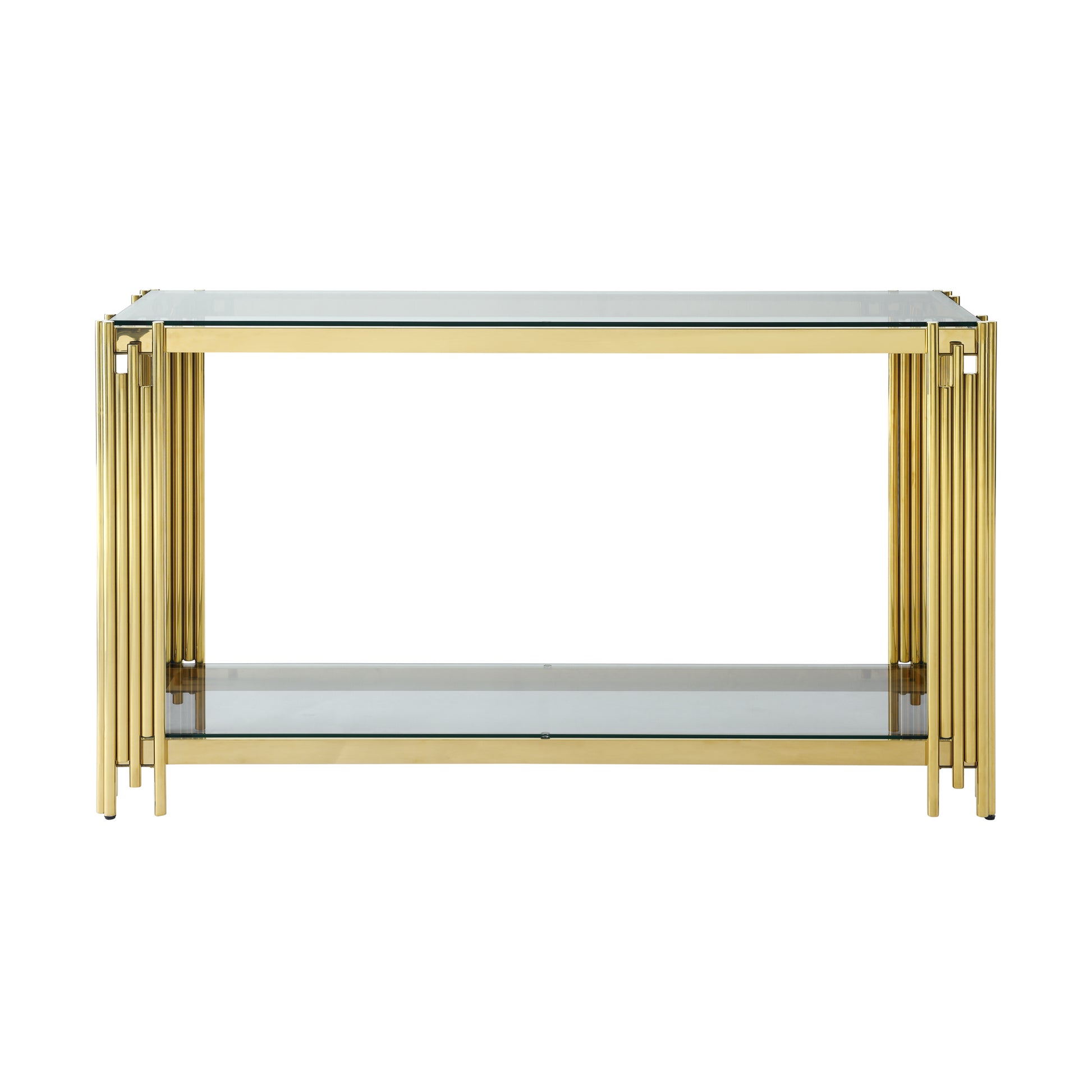 Modern Glass Console Table, 55" Gold Sofa Table With Sturdy Metal Frame And Clear Tempered Glass Top, For Living Room Entryway Bedroom, Gold Finish Polished Golden Stainless Steel