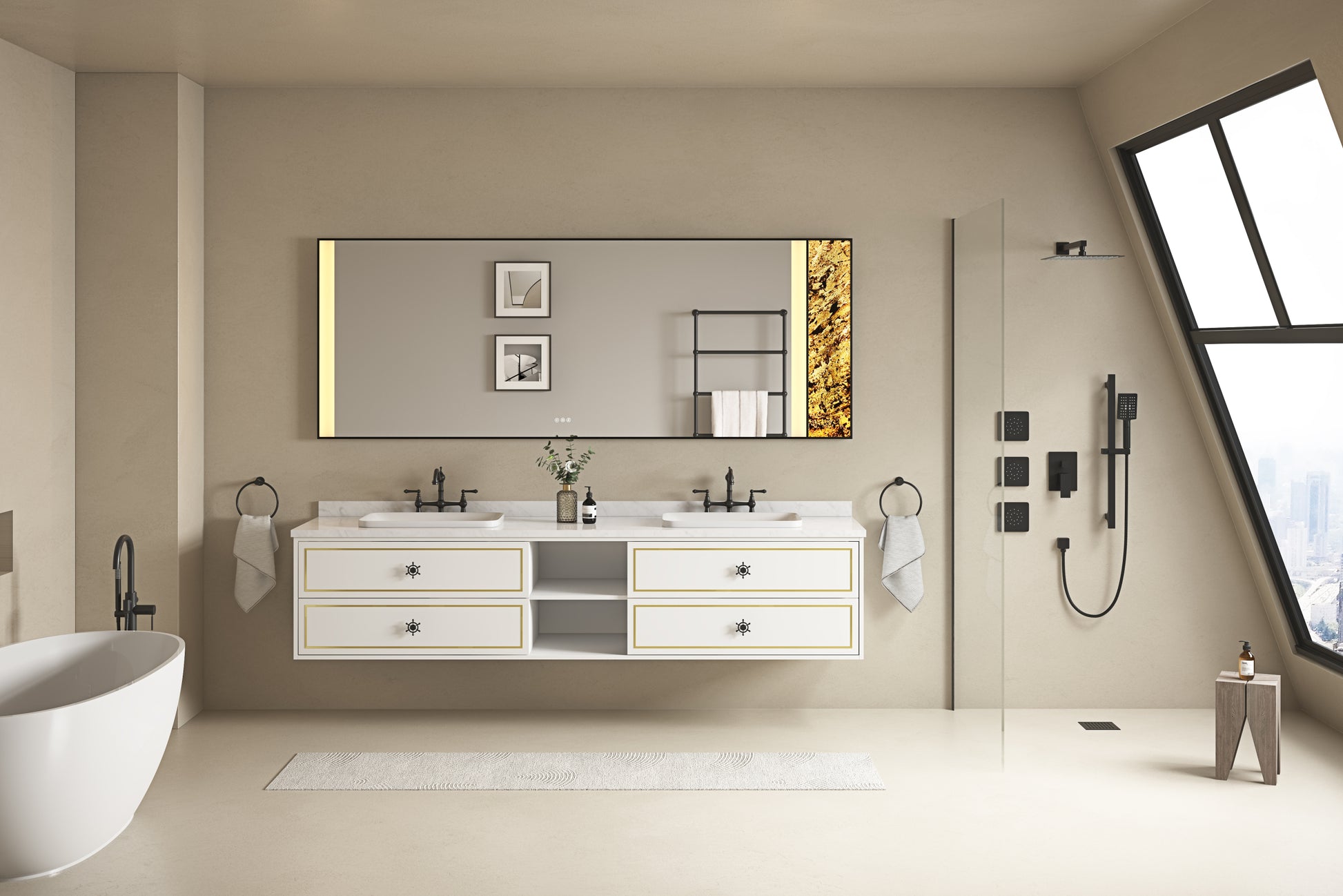 96*23*21inWall Hung Doulble Sink Bath Vanity Cabinet white-abs+steel(q235)+wood+pvc