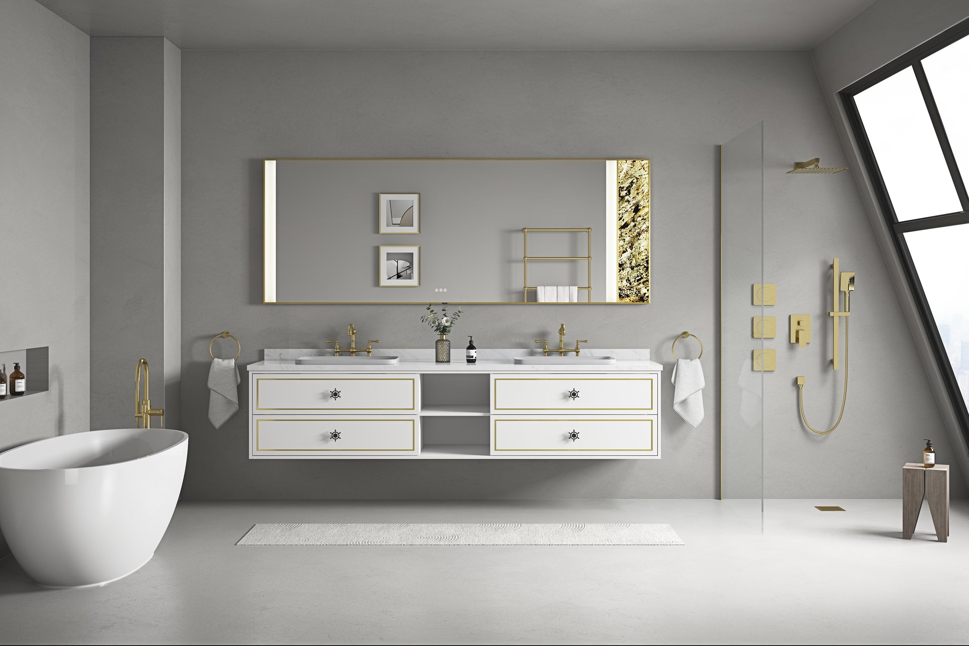 96 In. W X 23 In. D X21 In. H Double Bath Vanity In With White Carrara Top With White Sink White Abs Steel Q235 Wood Pvc