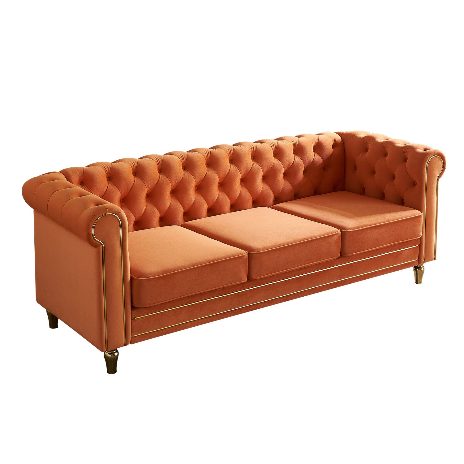Chesterfield Velvet Sofa 84.65 Inch For Living Room Orange Color Orange Velvet Wood Primary Living Space Tufted Back Modern Rolled Arms Foam Velvet 3 Seat