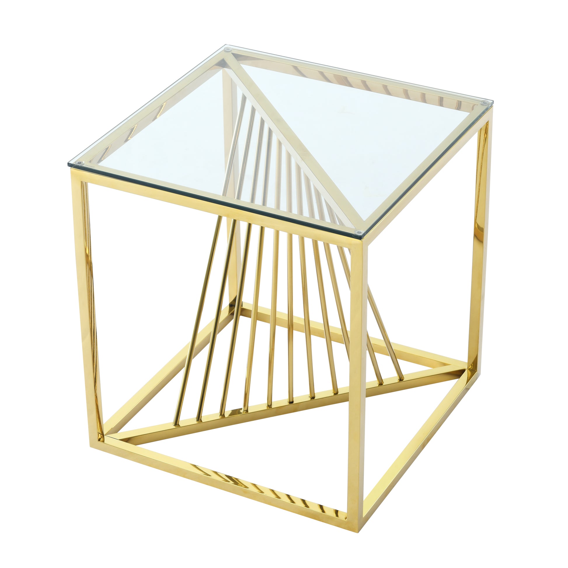 20 Inch Modern Glass End Table With Geometric Metal Frame, Accent Table Nightstand Furniture Corner Table For Living Room,Home Office,Bedroom Gold Polished Golden Stainless Steel